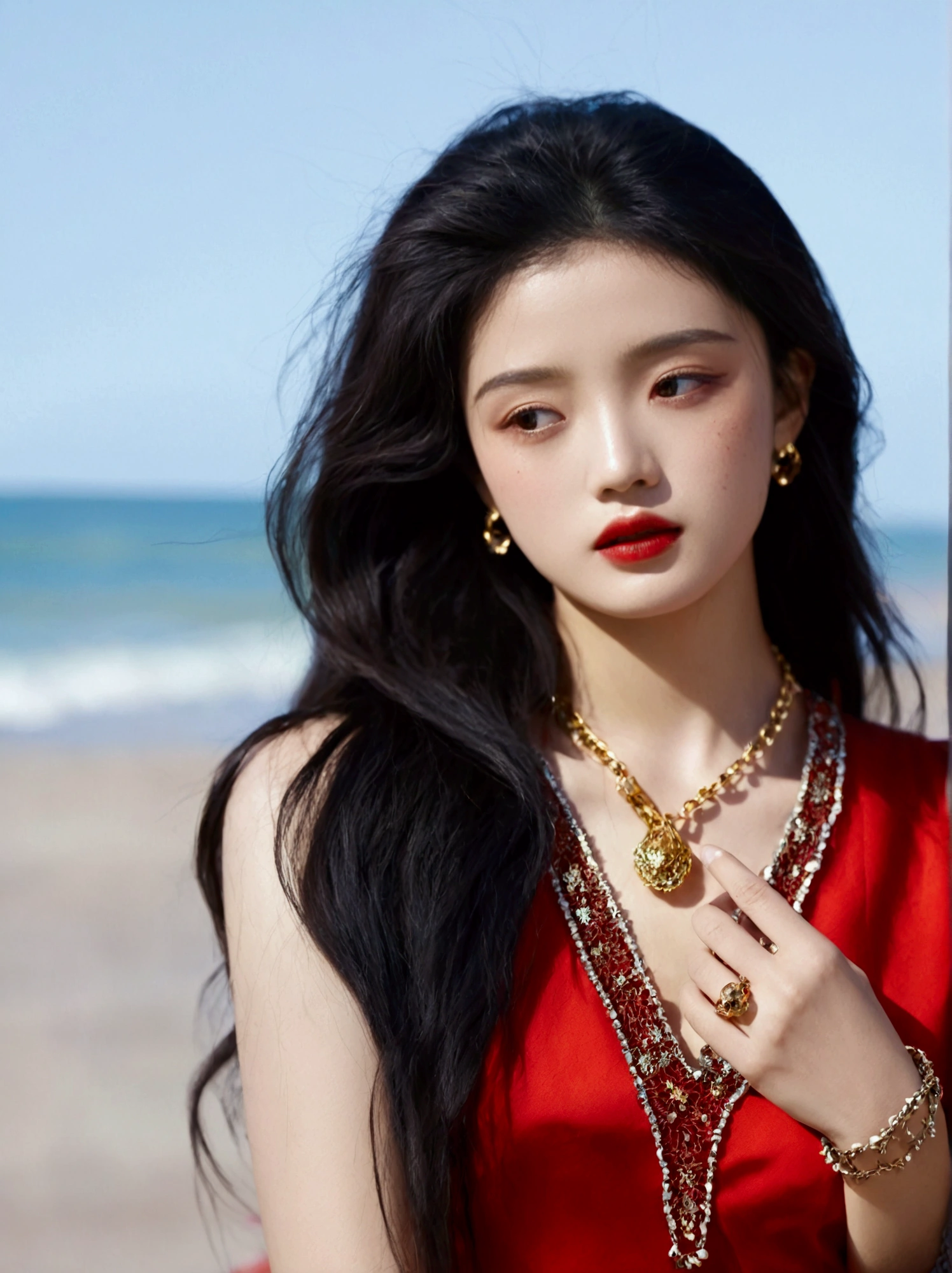 1girl, solo, long hair, black hair, jewelry, upper body, necklace, black eyes, bracelet, lips, looking to the side, looking away, ring, freckles, realistic, red lips