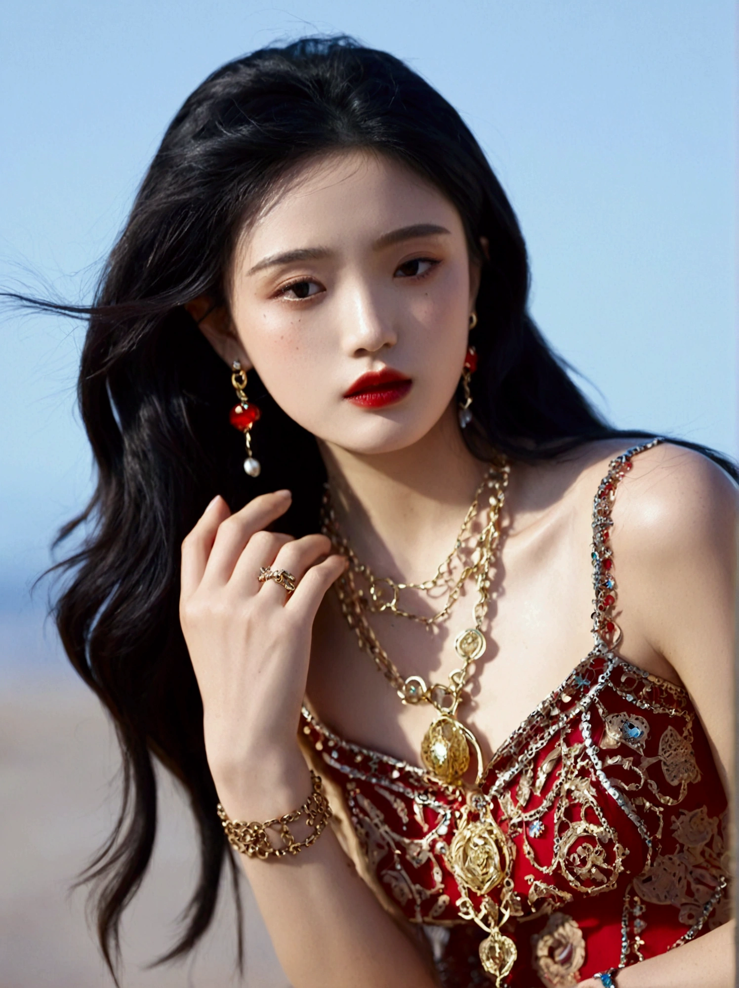 1girl, solo, long hair, black hair, jewelry, upper body, necklace, black eyes, bracelet, lips, looking to the side, looking away, ring, freckles, realistic, red lips