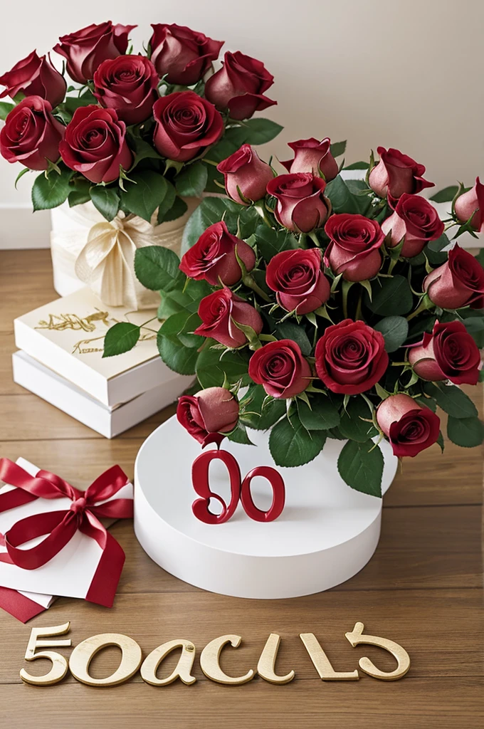 Congratulatory image for 50 years of life, containing roses, flowers arrangements. Containing letters with the following: Happy birthday Arsemia. May you have many joys and move forward on this day..