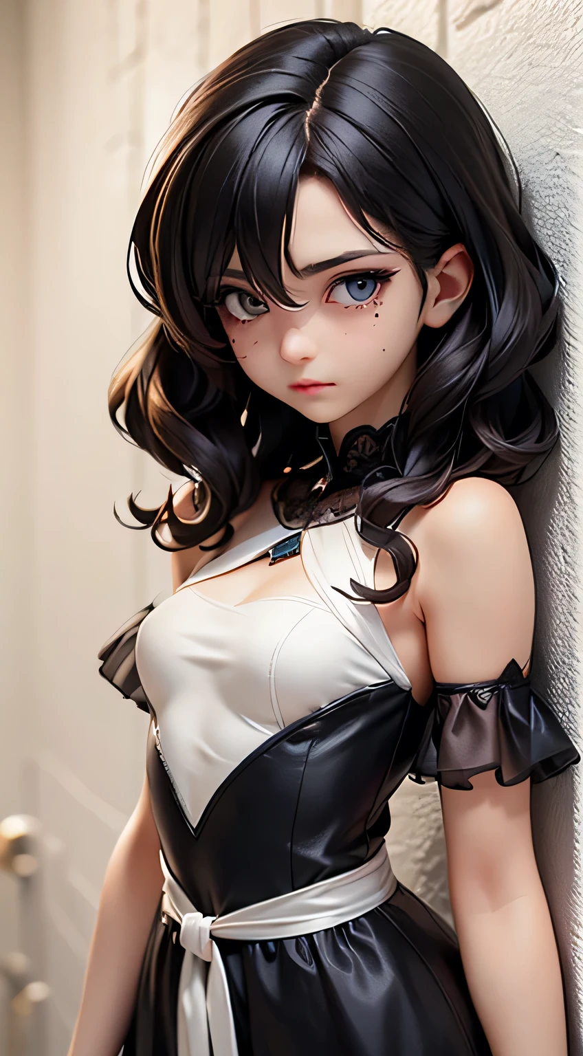 beautiful girl, 18 years old (short, curly black hair wavy to her shoulders) well detailed, ((poor peasant dress,)) curvy body ((white wall)) ((skin, white with mole near the left eye) ) eyes light green divine appearance high quality detailed anime, 8k, (((small medium breasts,))) ((waist 0.75)), ((thoughtful expression 1.0))