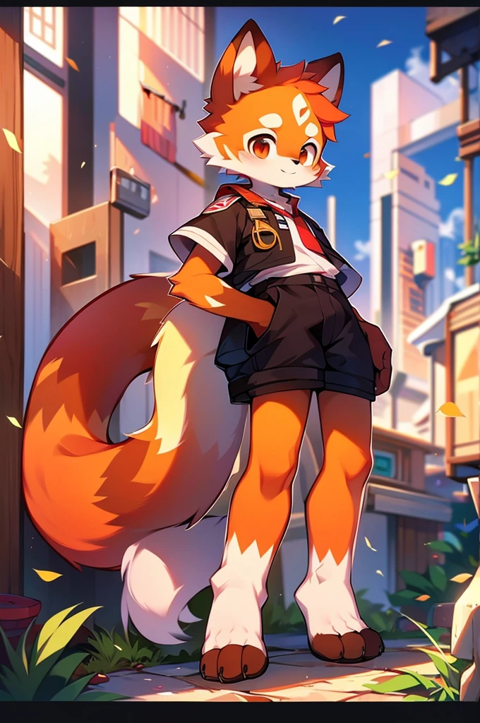 Red Panda Boy,8k resolution,Furry, Cityscape,Red collar,Two legs,Stand on your feet! towering,lanky,lanky,:slim body,:tall
