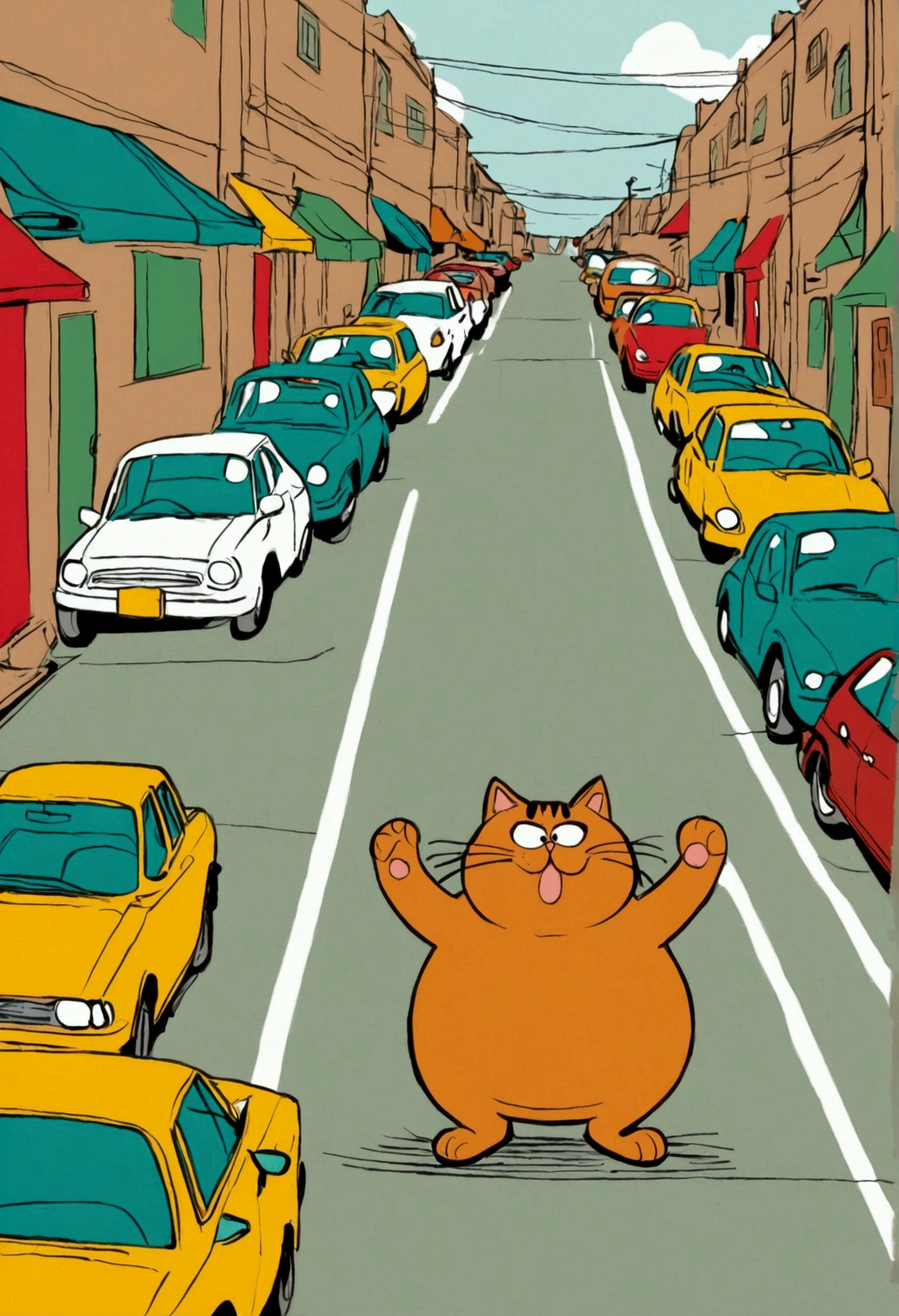 (((Exaggerated digital character sketches:1.37)).(There is a fat Garfield cat on the street,(Exaggerated expression,),There are many cars underfoot,(Loose brushstrokes create the outline,Cartoon Style. Bright colors and simplified lines, sketch)。