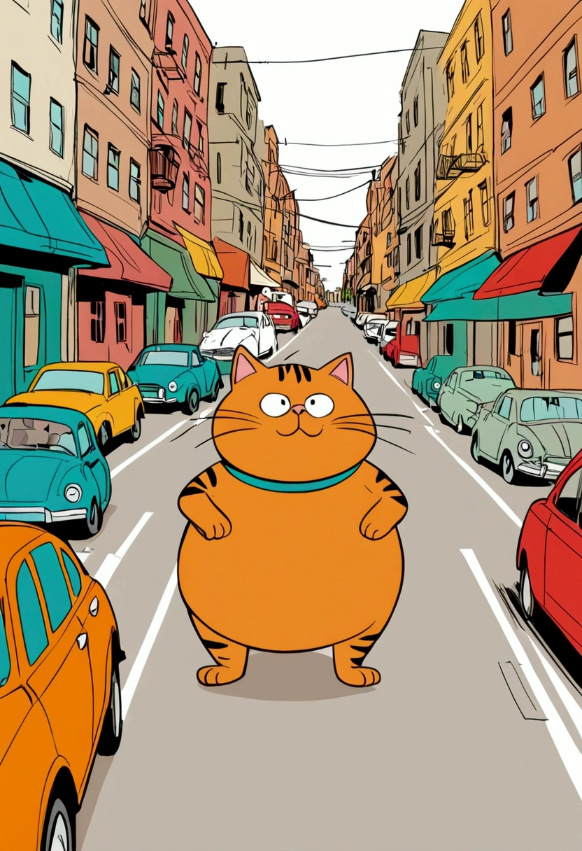 (((Exaggerated digital character sketches:1.37)).(There is a fat Garfield cat on the street,(Exaggerated expression,),There are many cars underfoot,(Loose brushstrokes create the outline,Cartoon Style. Bright colors and simplified lines, sketch)。