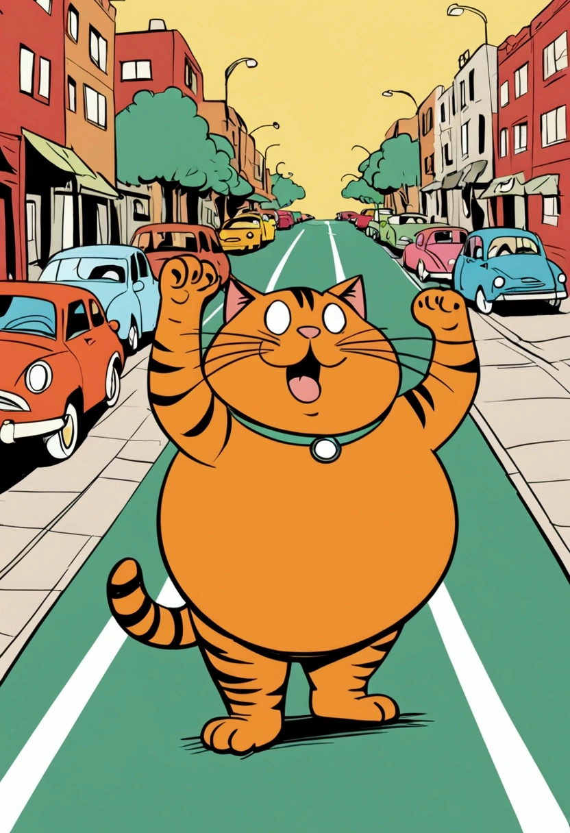 (((Exaggerated digital character sketches:1.37)).(There is a fat Garfield cat on the street，(Exaggerated expression,)，There are many cars underfoot，(Loose brushstrokes create the outline，Cartoon Style. Bright colors and simplified lines, sketch)。