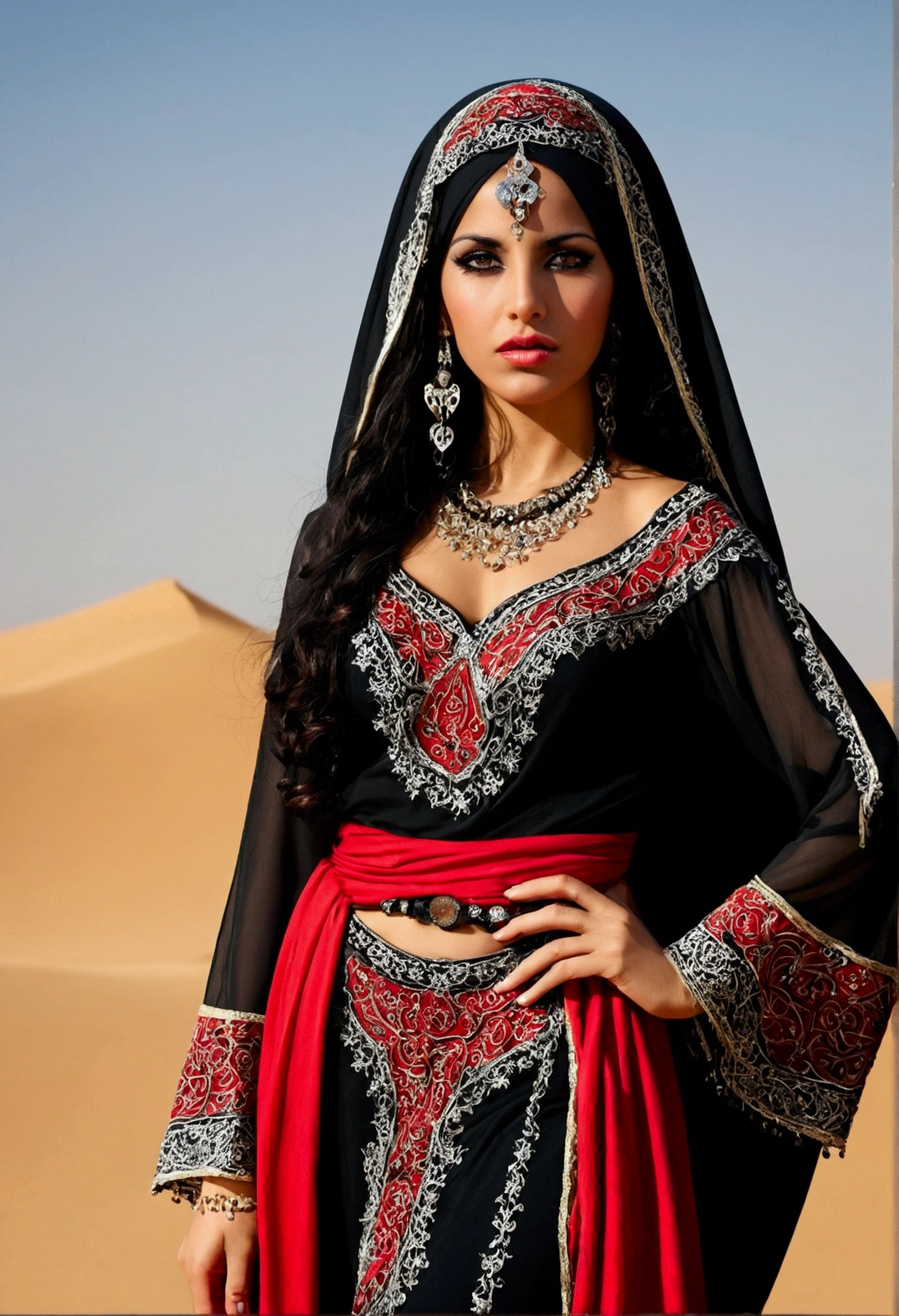 suadi arabia woman , black and red gypsy costume , fully body, beautiful and sensual woman , Arabic