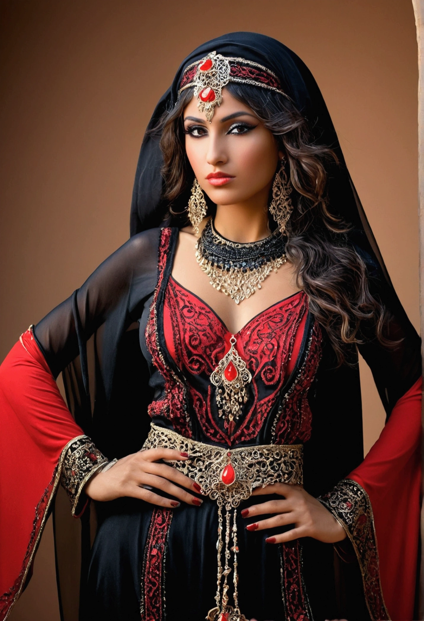 suadi arabia woman , black and red gypsy costume , fully body, beautiful and sensual woman , Arabic 