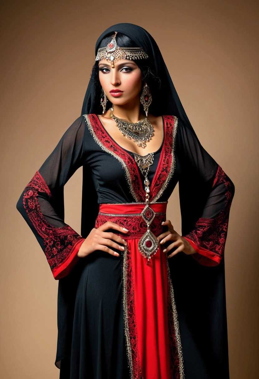 suadi arabia woman , black and red gypsy costume , fully body, beautiful and sensual woman , Arabic