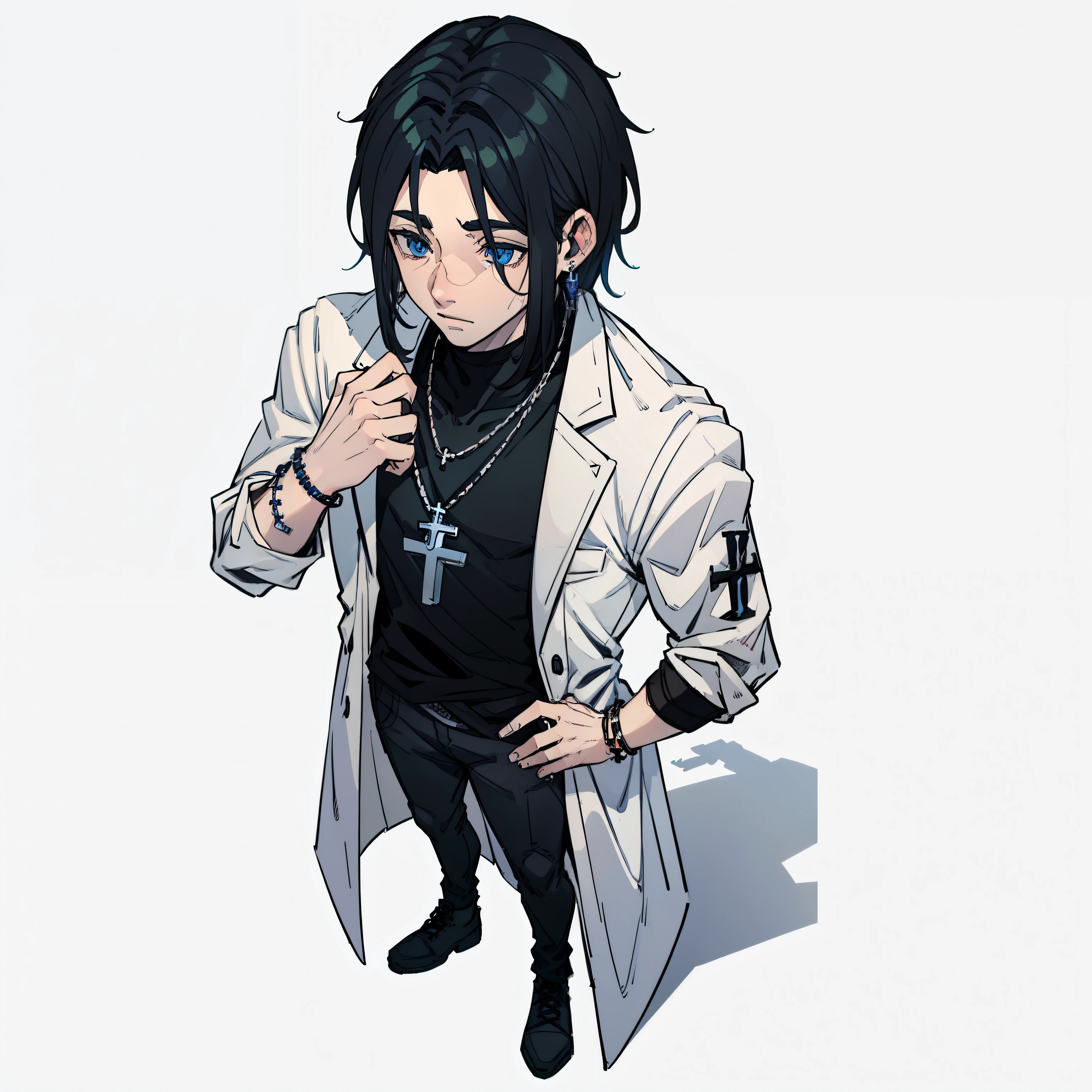 A white man with blue eyes and black hair wears a white shirt under a gray coat with black jeans and a white All Star, he has rings on his hands and a necklace around his neck with a cross symbol.