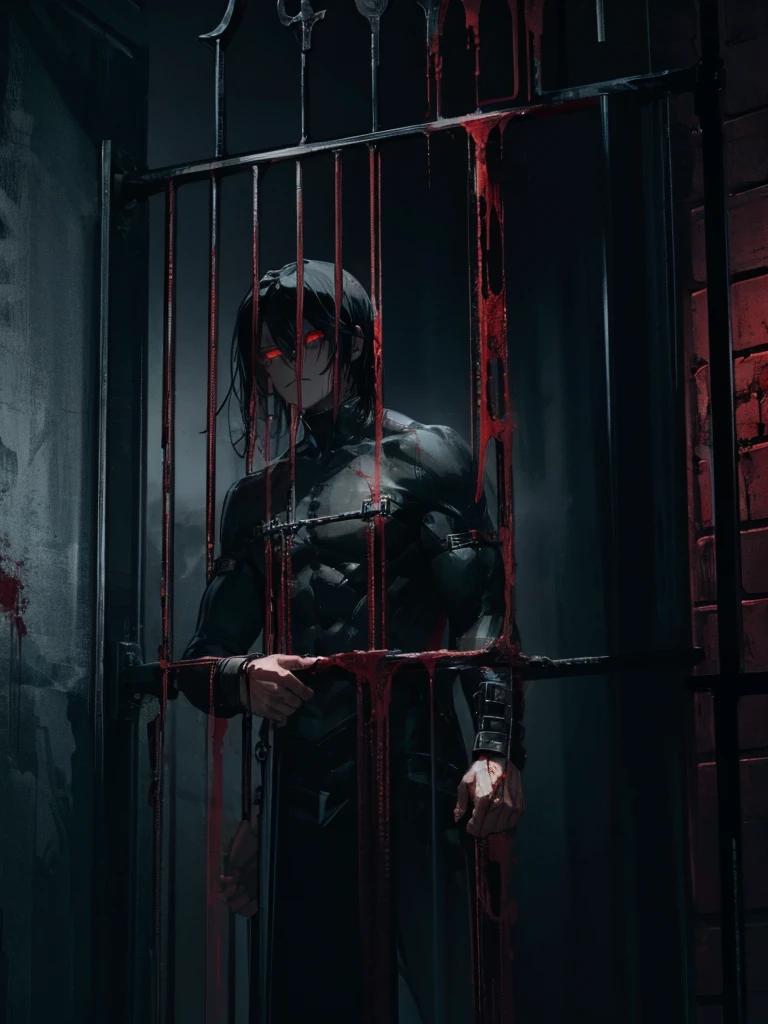 A man, long black hair, red eyes, fair skin, thin body, in a cage, bound, chained, desperate expression, Blood, bright environment