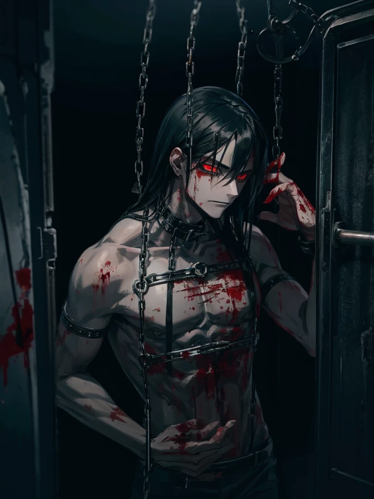 A man, long black hair, red eyes, fair skin, thin body, in a cage, bound, chained, desperate expression, Blood, bright environment