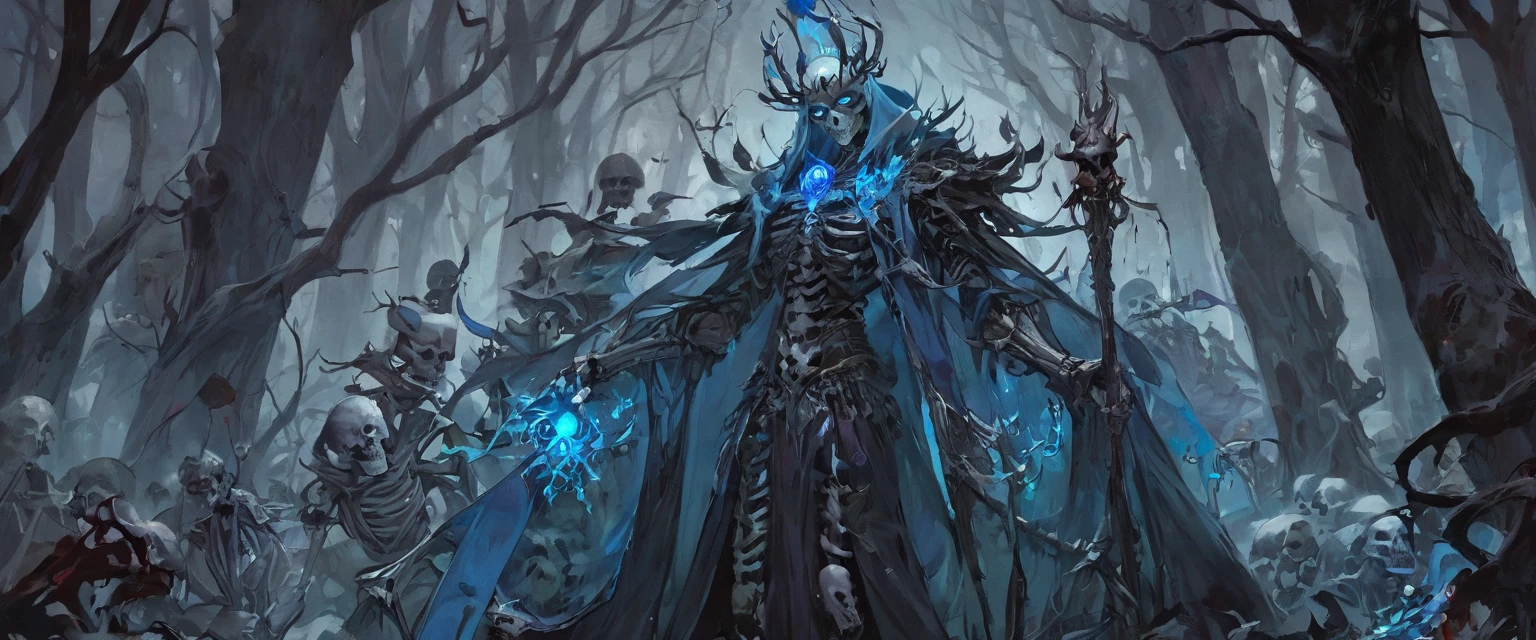 A warlock's patron, an undead king, with glowing blue eyes, in a dark forest, surrounded by a cold, cold color palette, a skeleton army in the background, wearing a bloodstained dress with a blood aura, The flesh is rotting, Skeleton tall 2 meter