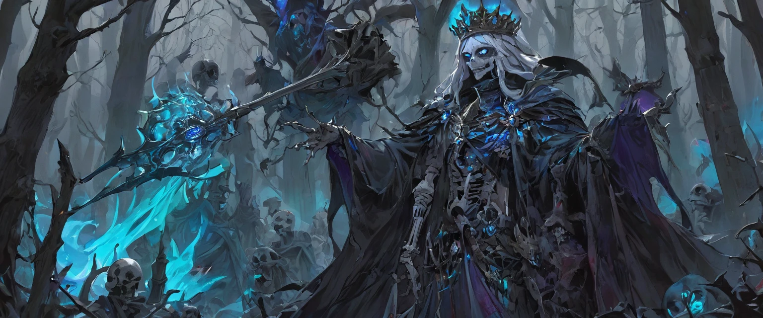 A warlock's patron, an undead king, with glowing blue eyes, in a dark forest, surrounded by a cold, cold color palette, a skeleton army in the background, wearing a bloodstained dress with a blood aura, The flesh is rotting, Skeleton tall 2 meter