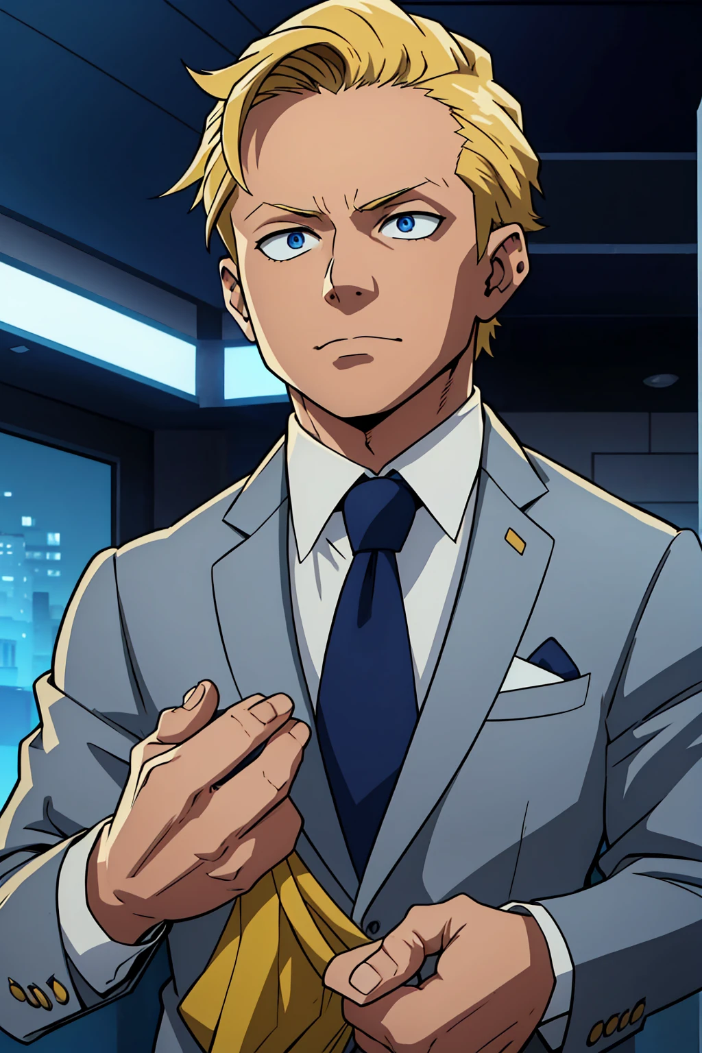 a middle aged man, blond hair, piercing blue eyes, detailed facial features, handsome, well-groomed, distinguished, confident expression, smart casual outfit, urban city background, my hero academy art style, boku no hero art , 8k, high quality, masterpiece, dramatic lighting, cinematic, vivid colors