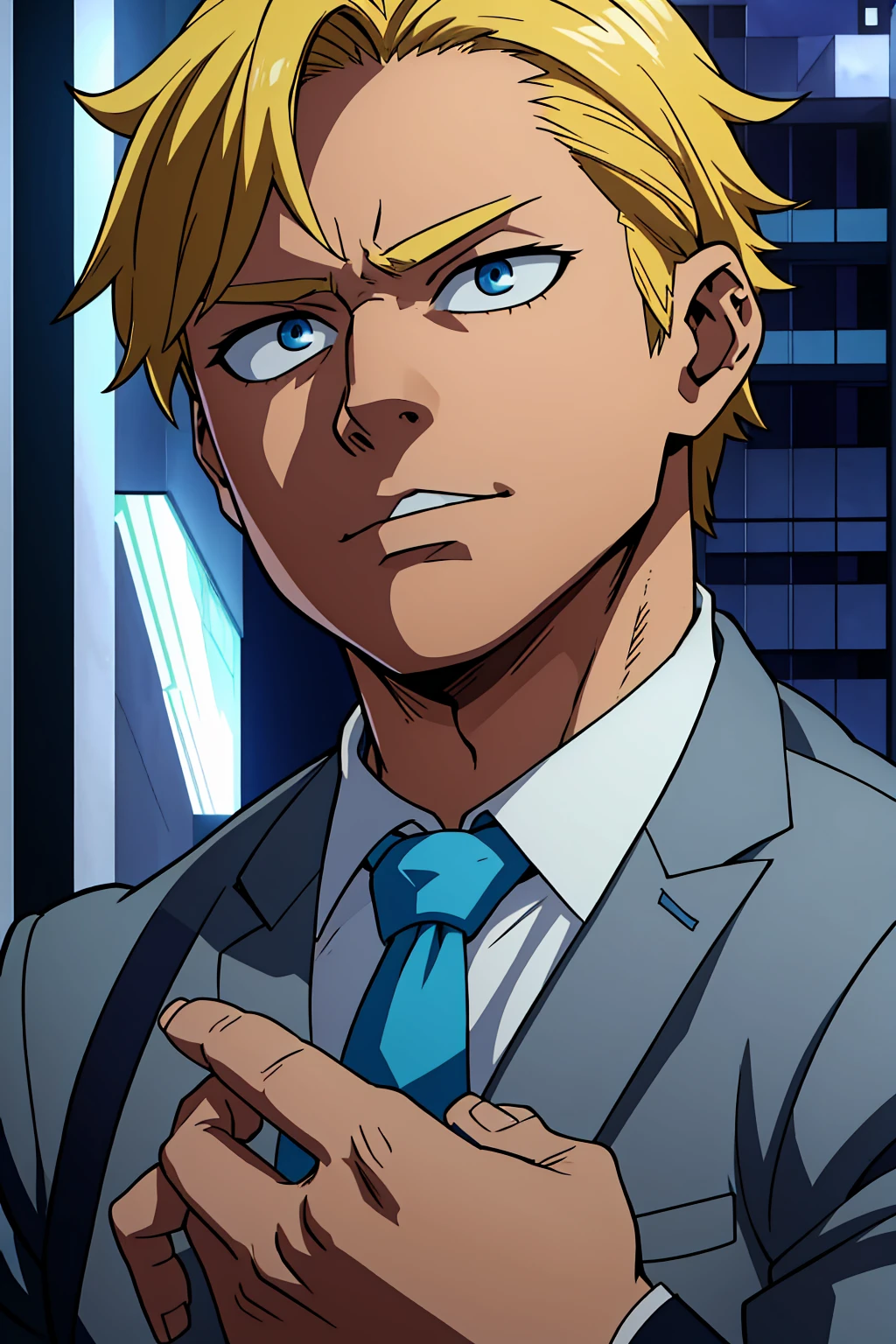 a middle aged man, blond hair, piercing blue eyes, detailed facial features, handsome, well-groomed, distinguished, confident expression, smart casual outfit, urban city background, my hero academy art style, boku no hero art , 8k, high quality, masterpiece, dramatic lighting, cinematic, vivid colors