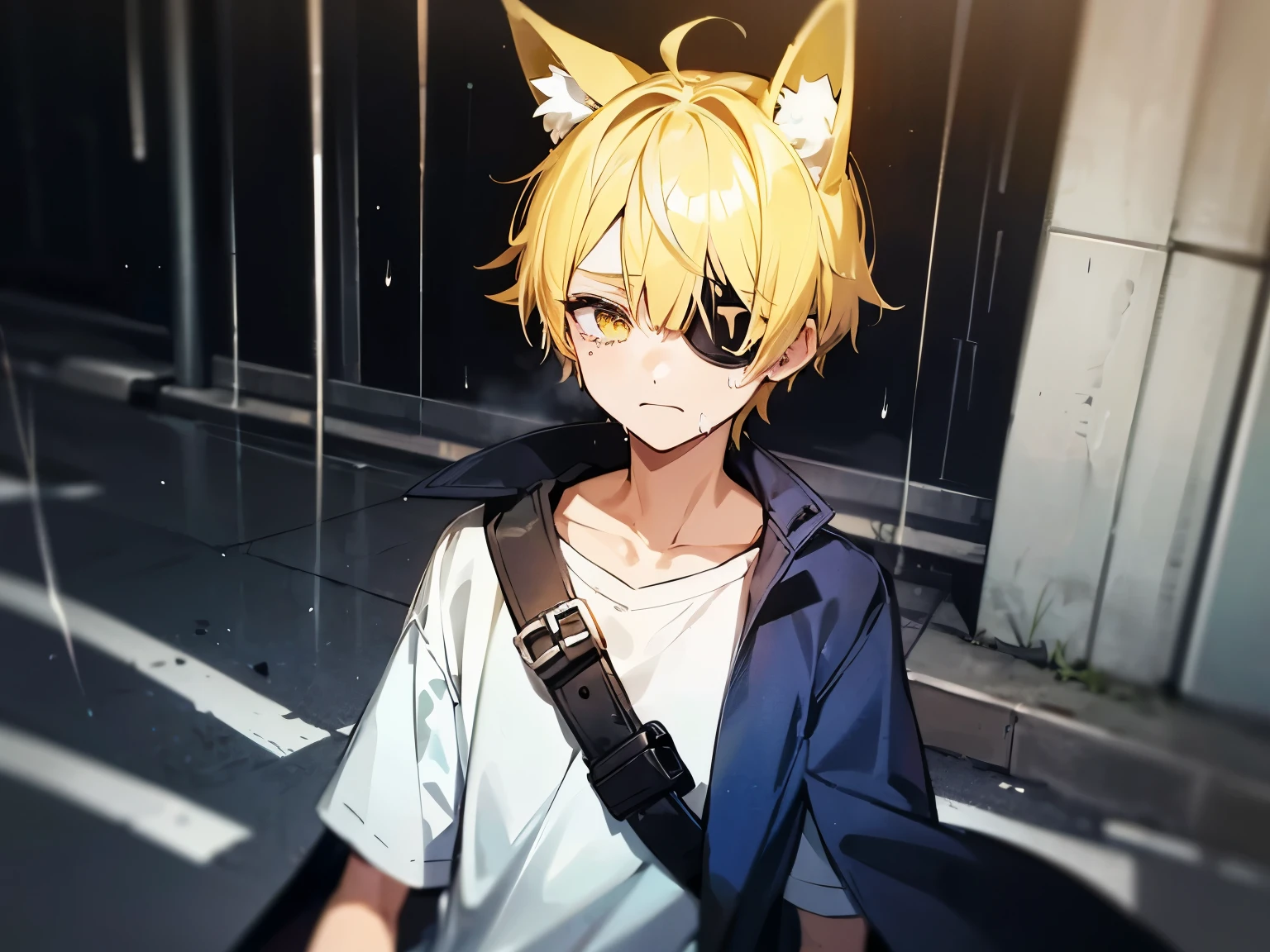 a boy, gradient_eyes, yellow eyes, upturned eyes, slit pupils, eyepatch, short hair, yellow hair, side swept bangs,a blue meshes, wearing a dark coat, a white tee shirt, a blue jean, fox ears, fox tail, sad, tears are rolling on is cheeks, crying on the street ,it's raining, high details, high quality, best quality, highres 