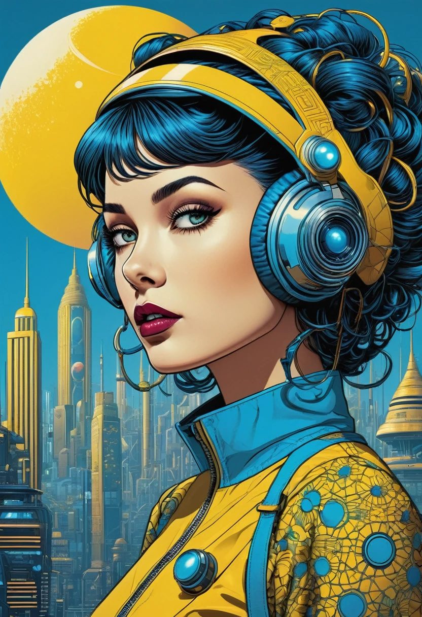 A captivating retro-futuristic poster featuring a bold and stylish retropunk girl, brilliantly designed by the talented trio of Rebecca Sugar, Charles Burns, and Dan McPharlin. The girl dons a vibrant yellow and sky blue outfit, adorned with intricate patterns and futuristic gadgets. Her hair is a stunning mix of colors, blending seamlessly with the background of a futuristic cityscape. The overall atmosphere of the poster is a blend of nostalgia and innovation, with a touch of vintage charm.