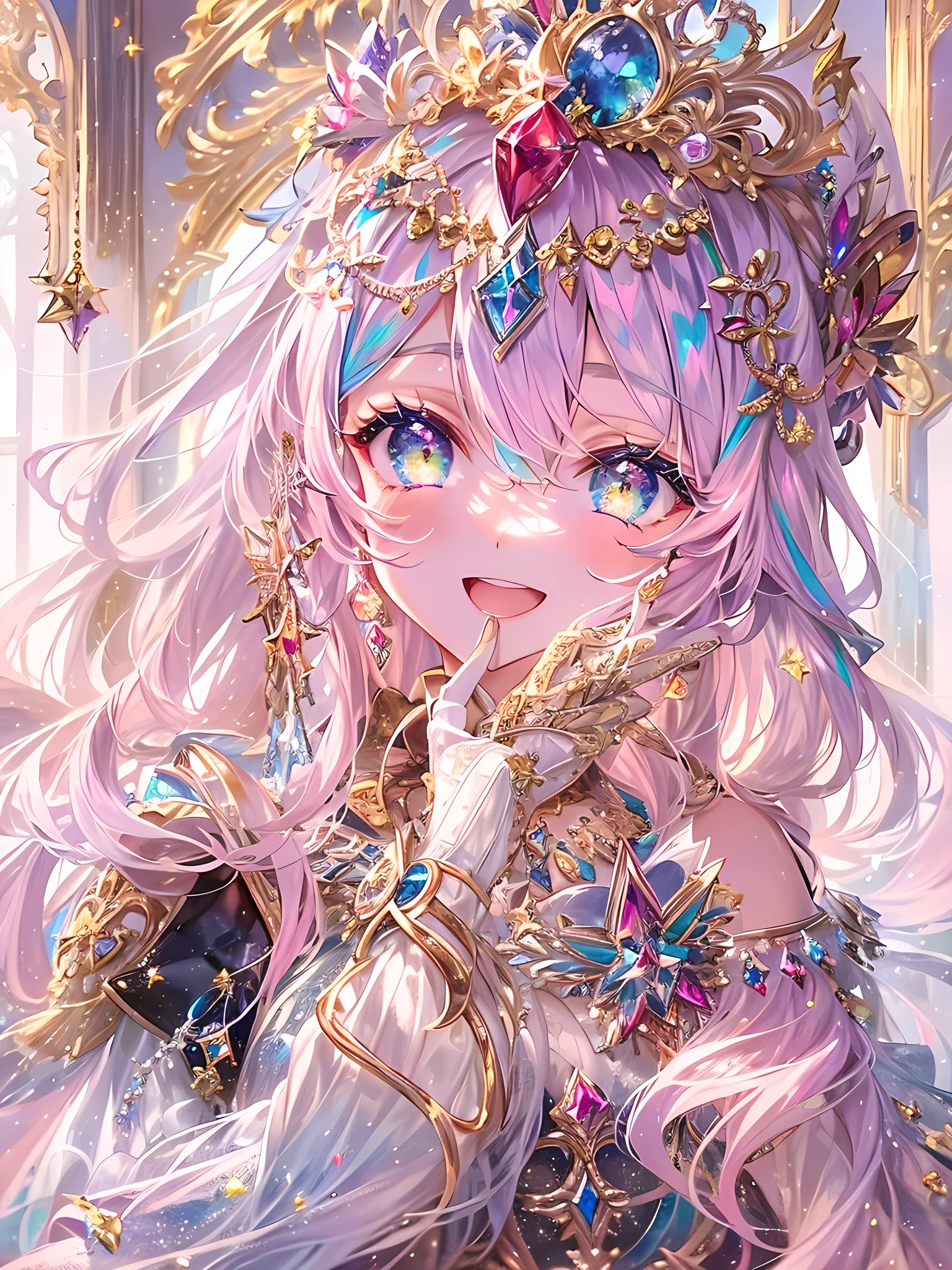 absurdes,High resolution,Super detailedな,One Girl,Close-up、Glowing Jewels.royal palace.PRİNCESS.Charming smile、Glittering decoration、Sparkling Decoration、Land、Shine、about、Precious stones、((High contrast RGB effect, LED Effect, Kaleidoscope effect, Shine effect, Ripple effects, Glitter RGB Effect))(((masterpiece))),((Super detailed,Highest quality, High resolution, 8k wallpaper, Beautiful clothes,)),whole body,whole bodyshot (1 girl)((Pink Hair, Long Hair,Straight hair,Both sides up)) (Green Eyes),eye shadow, eyeliner,Glowing Eyes, Super detailedな目, Complex eyes, Beautiful Eyes, ((Shine Pink Eyes))18-year-old girl.、Laughter、a sunny day、Sparkling eyes、pale ultramarine throughout,,,,,,,,,With a golden glow、Look at the viewers