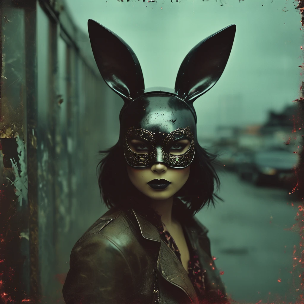 a girl wearing a colourful rabbit mask, in the style of moody neo-noir, matte photo, alastair magnaldo, david choe, kehinde wiley, soft lighting, shot on 70mm --ar 51:64 --s 250 --v 6.0 --style raw
