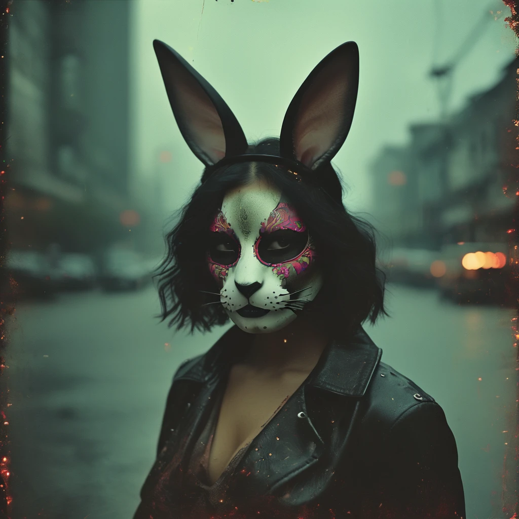 a girl wearing a colourful rabbit mask, in the style of moody neo-noir, matte photo, alastair magnaldo, david choe, kehinde wiley, soft lighting, shot on 70mm --ar 51:64 --s 250 --v 6.0 --style raw