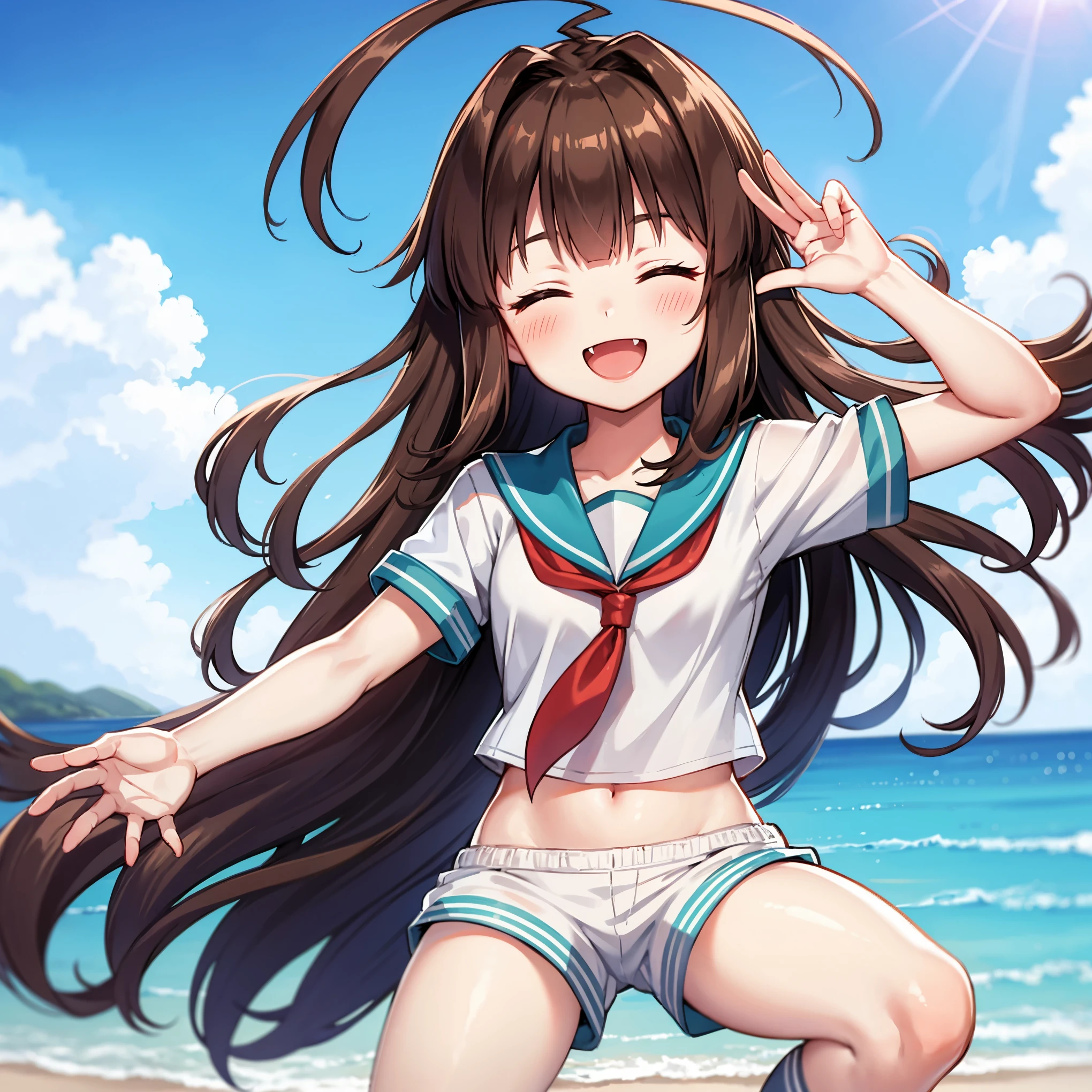 1young__ girl,  brown_hair, long_hair, sailor_uniform,white_ baggy_shorts, short_sleeve, thighs, small_breasts, big_smile, open_mouth, fang, harbor_landscape_background, slightly_spread_legs, happiness, covered_crotch,ahoge,XD,exciting_posing,closed_eyes