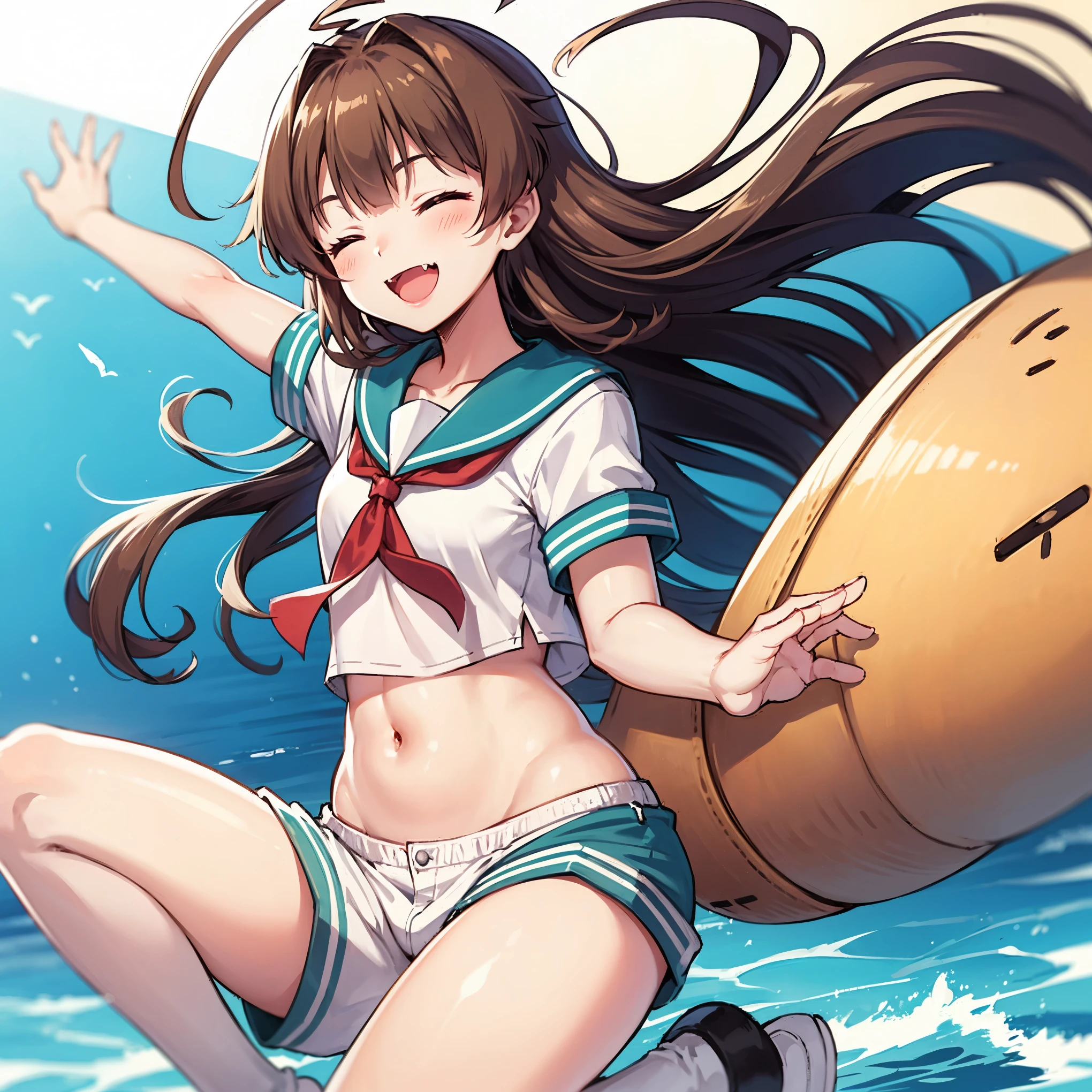 1young_teen_ girl, brown_hair, long_hair, sailor_uniform,white_ baggy_shorts, short_sleeve, thighs, small_breasts, big_smile, open_mouth, fang, harbor_landscape_background, slightly_spread_legs, happiness, covered_crotch,ahoge,XD,exciting_posing,closed_eyes