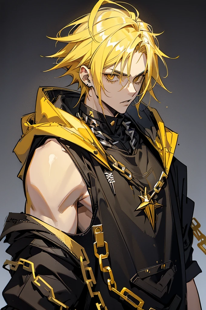 dead inside, split hair yellow black teenager 16, gangsta golden chain, vomitboy haircut, hair on both sides black and yellow, split black / yellow hair, messy spiked yellow hair, handsome guy, ************, long hairstyle, gold chain, Slavic appearance, hoodie