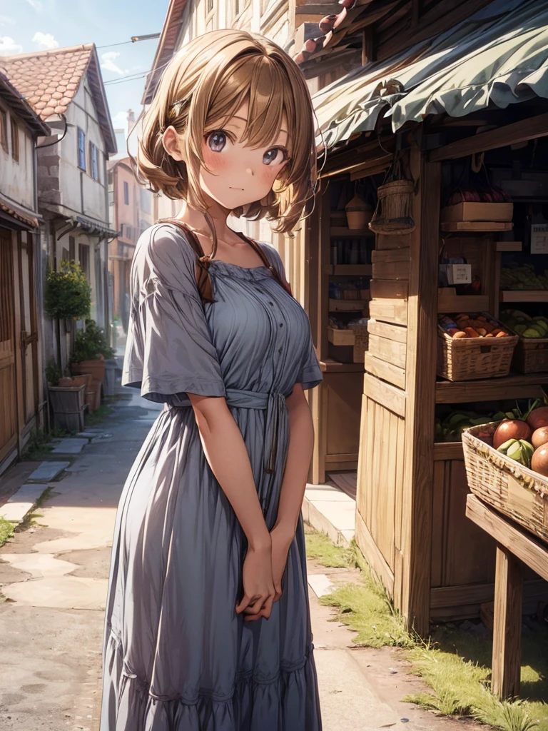 1girl,(anime coloring:1.2), best quality, looking at viewer, short wavy hair, chestnut hair, feminine,(solid Maxi dress), (Light brown color Short sleeve Maxi dress:1.3),Medieval Europe,Ancient Village,Vegetable stall,((Fantasy))