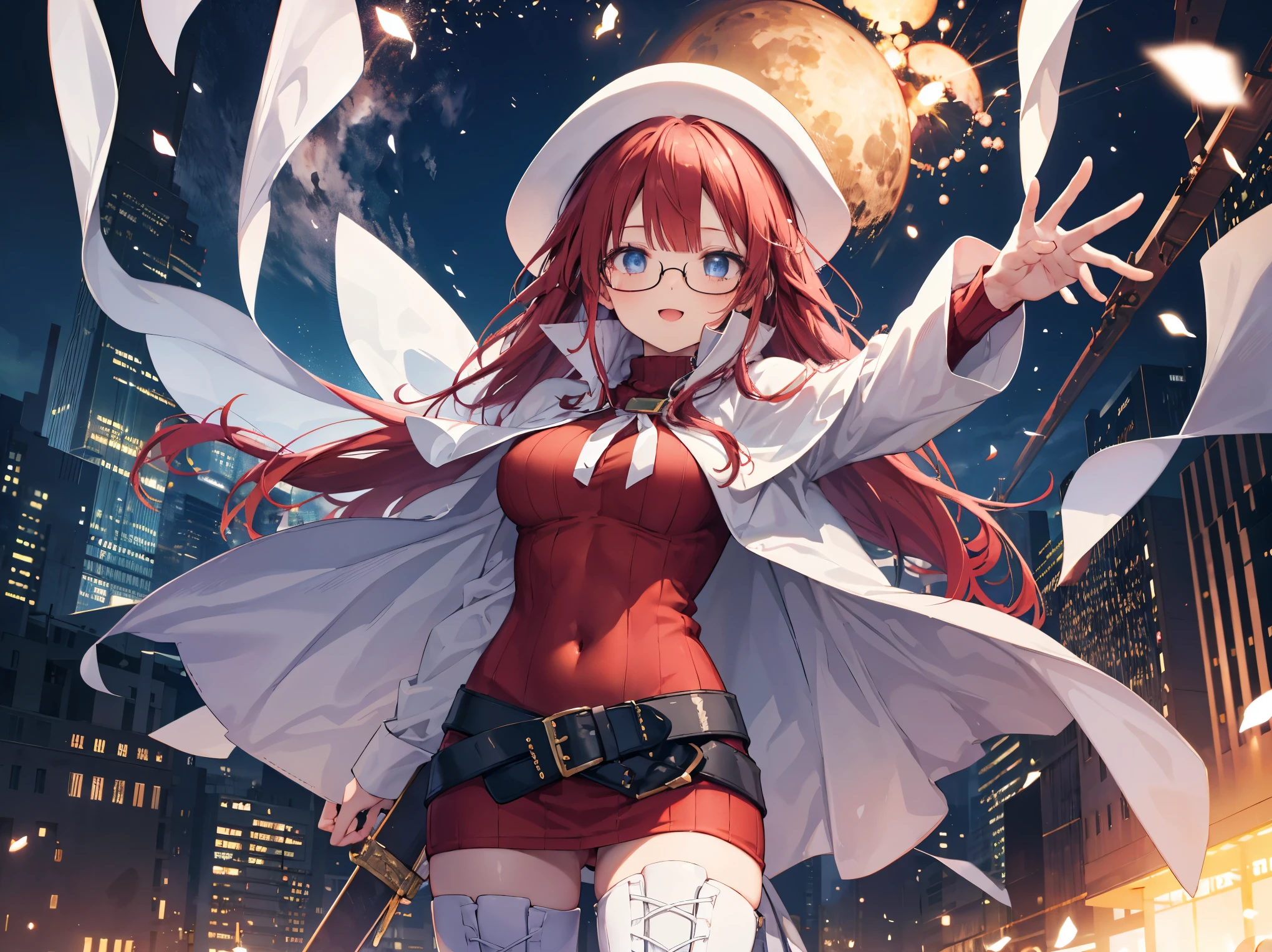 summonnightaty, aty, (young:1.3),long hair, blue eyes, red hair, big_tits, hat, glasses,
BREAK long hair, thighhighs, hat, dress, naked_legs, glasses, belt, cape, sweater, zettai ryouiki, beret, thigh boots, white footwear, ribbed sweater, loose belt,solo,
BREAK outdoors, fantasy,
,Highquality_hads,perfect_fingers,
BREAK (masterpiece:1.2), best quality, high resolution, unity 8k wallpaper, (illustration:0.8), (beautiful detailed eyes:1.6), extremely detailed face, perfect lighting, extremely detailed CG, (perfect hands, perfect anatomy),covered_nipples,covered_navel ,half_eyes,long_sword,sleepy_eyes,red_sweater,apart_knees,magical_effect,spread_legs, have_a_book,teacher,rise_knee,Smile,rise_hand,look_down_viewer,spread_arms,,looking_into,plump,open_mouth, dynamic_posing,solo,in_Emodern_town_landscape,night_sky,solo