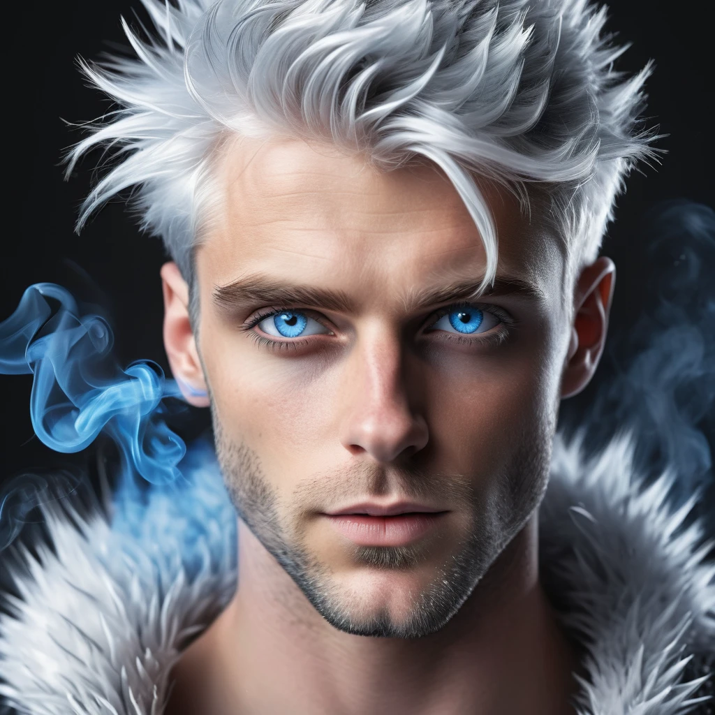 (best quality, highres, ultra-detailed, realistic:1.37), close-up portrait of a handsome man, with bright, shining blue eyes emitting a blue smoke-like aura, cat-like black pupils, spiky snow-white hair that is highly defined and super detailed