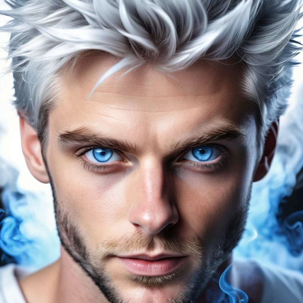 (best quality, highres, ultra-detailed, realistic:1.37), close-up portrait of a handsome man, with bright, shining blue eyes emitting a blue smoke-like aura, cat-like black pupils, spiky snow-white hair that is highly defined and super detailed