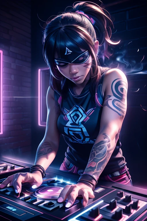 (Highly detailed CG Unity 8k wallpaper), The most beautiful works of art in the world,A blindfolded man is playing a game, Portrait of Tadashi Nakayama, Flicker, funk art, Turntablist, portrait of lucha libre DJ, turntablism DJ scratching,  Lots of tattoos,(Holding a cigarette),Large crowd in the background,Party Time,DJ, DJ set, DJ rave party, DJ at a , Photo of three laborers, ((Highly detailed skin and facial textures:1.3, Ultra detailed face, Detailed arms, Beautiful attention to detail)),DJ sura, DJing with DJ turntables