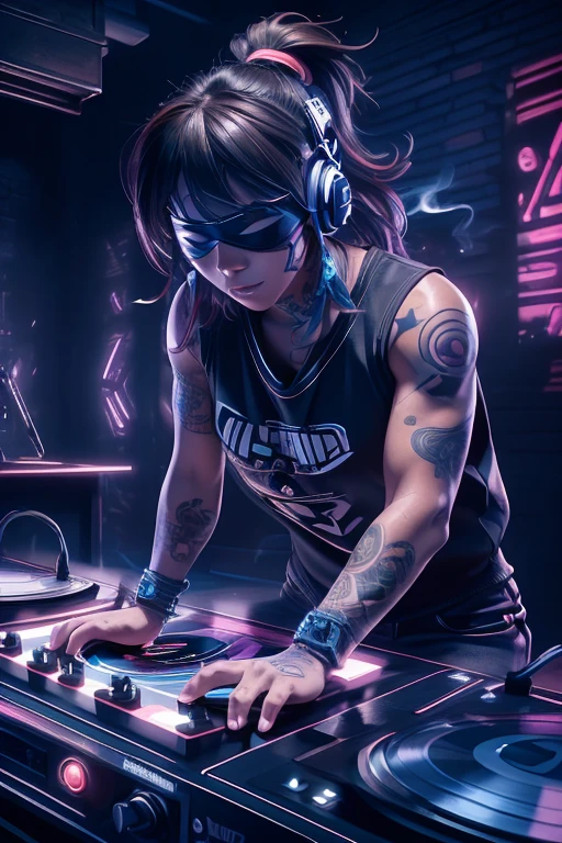 (Highly detailed CG Unity 8k wallpaper), The most beautiful works of art in the world,A blindfolded man is playing a game, Portrait of Tadashi Nakayama, Flicker, funk art, Turntablist, portrait of lucha libre DJ, turntablism DJ scratching,  Lots of tattoos,(Holding a cigarette),Large crowd in the background,Party Time,DJ, DJ set, DJ rave party, DJ at a , Photo of three laborers, ((Highly detailed skin and facial textures:1.3, Ultra detailed face, Detailed arms, Beautiful attention to detail)),DJ sura, DJing with DJ turntables