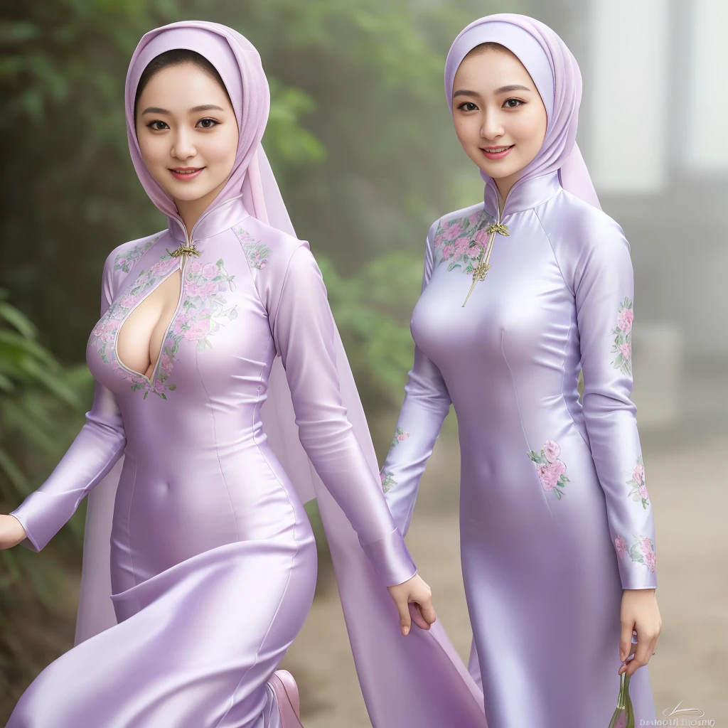 Luna Maya, slim faces, (RAW photo:1.2), (photorealistic:1.4),(masterpiece:1.3),(best quality:1.4),ultra high res,(detailed eyes),(detailed facial features),(detailed clothes features),HDR,8k resolution, skin tight, (((high detailed skin,visible pores))), dreamlike, 1 girl, tall body, slim faces, body abs:1.2, 30 years old, gigantic breast, wearing tight close beie pastel floral silk Ao Dai with hijab, full body, beautiful shy smile, wearing high heels