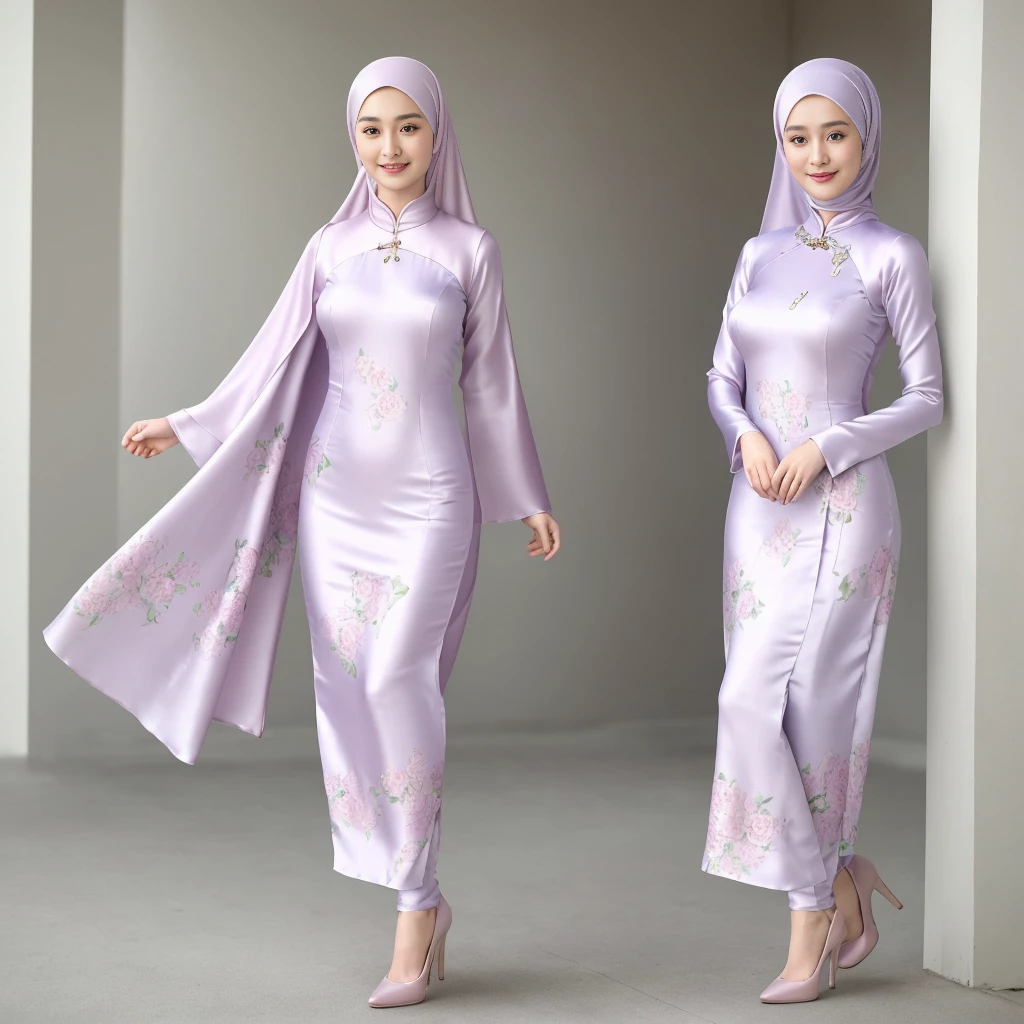 Luna Maya, slim faces, (RAW photo:1.2), (photorealistic:1.4),(masterpiece:1.3),(best quality:1.4),ultra high res,(detailed eyes),(detailed facial features),(detailed clothes features),HDR,8k resolution, skin tight, (((high detailed skin,visible pores))), dreamlike, 1 girl, tall body, slim faces, body abs:1.2, 30 years old, gigantic breast, wearing tight close beie pastel floral silk Ao Dai with hijab, full body, beautiful shy smile, wearing high heels