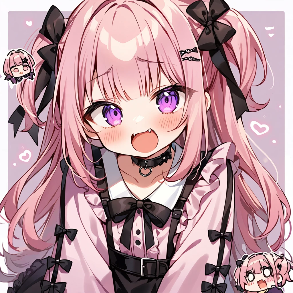 Top quality, masterpiece, chibi character
, peal purple and blunt bangs hair, twin braids, eyes closed, mouth wide open and screaming, blushing, smilng,fangs,(a girl with closs hair pin,
pink shirt,cosplay, jirai kei, bangs, black skirt, black bow, looking at viewer, bow, long sleeves, choker, ribbon,:1.4),A girl being examined by a female doctor in a white coat,