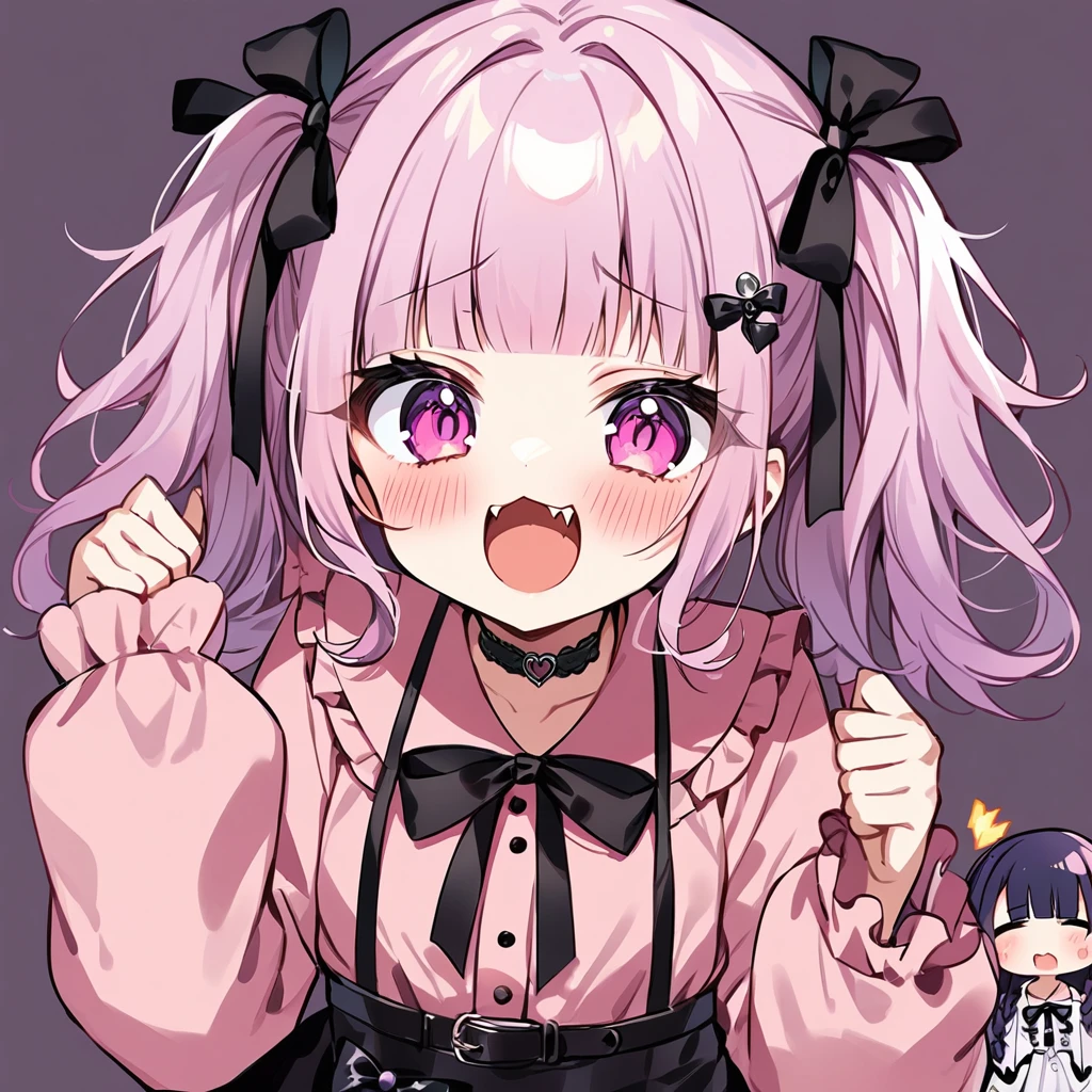 Top quality, masterpiece, chibi character
, peal purple and blunt bangs hair, twin braids, eyes closed, mouth wide open and screaming, blushing, smilng,fangs,(a girl with closs hair pin,
pink shirt,cosplay, jirai kei, bangs, black skirt, black bow, looking at viewer, bow, long sleeves, choker, ribbon,:1.4),A girl being examined by a female doctor in a white coat,
