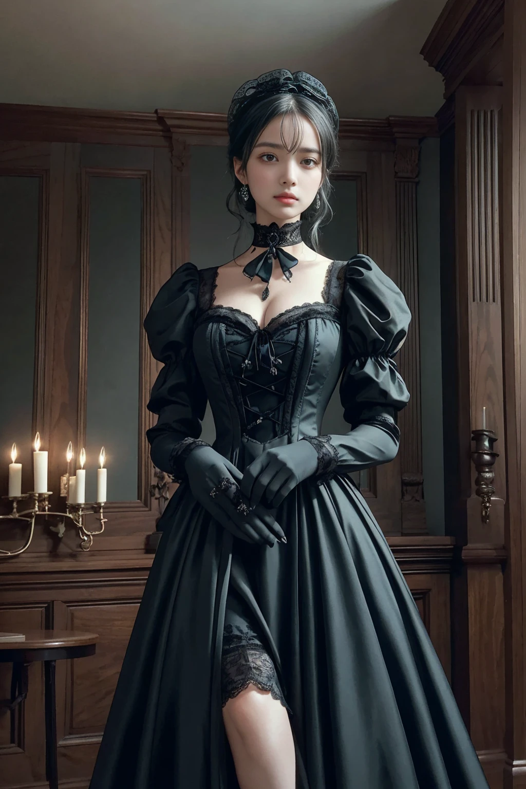 A striking Gothic-inspired scene features a woman wearing a cyan and black lace dress with a high collar, accentuating her ethereal beauty. Her hair is styled in an elegant yet dark manner, adorned with a delicate black headpiece. The background showcases a dimly lit, Victorian-style room, with dark wooden furniture, candelabras, and a mysterious, almost haunting aura.