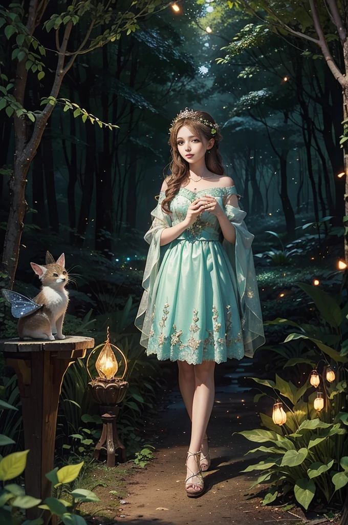 Image depicting a beautiful woman in an enchanted forest, Surrounded by a variety of cute magical creatures, As a fairy, Forest animals and bright fireflies. The scene is bathed softly, Ethereal light, Evoke a sense of surprise and delight.