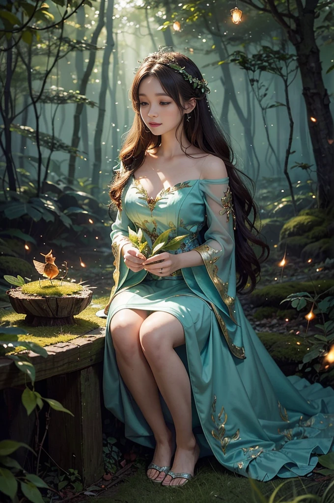 Image depicting a beautiful woman in an enchanted forest, Surrounded by a variety of cute magical creatures, As a fairy, Forest animals and bright fireflies. The scene is bathed softly, Ethereal light, Evoke a sense of surprise and delight.