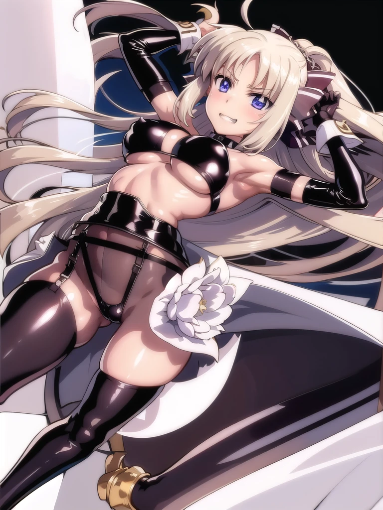 prison, ((black latex open cup bustier)), ((show off nipple)), ((from below)), femdom, dominatrix, ((looking at viewer)), ((female standing)), evil grin, ((bare shoulders)), ((black latex stockings)), ((black latex g-string)), ((black latex high heels)), ((black latex garter belt)), ((black latex elbow gloves)), 独奏,
One girl, Long Hair, Purple eyes, chest, Ahoge, very Long Hair, large breasts, ribbon, hair ribbon, ponytail, bangs,