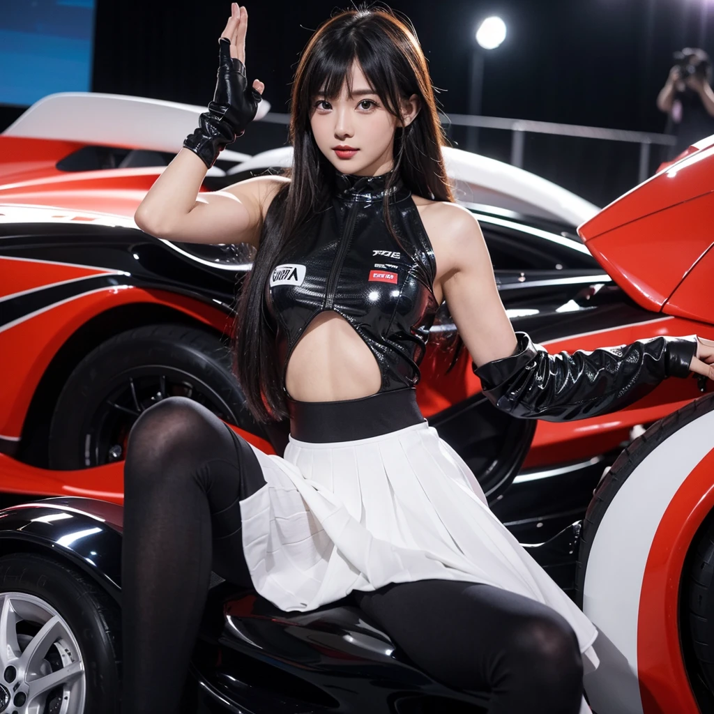 Ultra detailed face、Cool woman、Colorful costumes、F1 Driver Cosplay、Colorful costumes、Clothing with company logo、Grid Girlsのカラフルで派手な衣装、Grid Girls、Perfect Face、Paddock Girls、Harem、motor Show、tights、Bodycon Costumes、Grid Girls、Russia、Grid Girlsのコスプレ、belly button、Pleated skirt、Bodycon Costumes、Photographed in a sexy pose