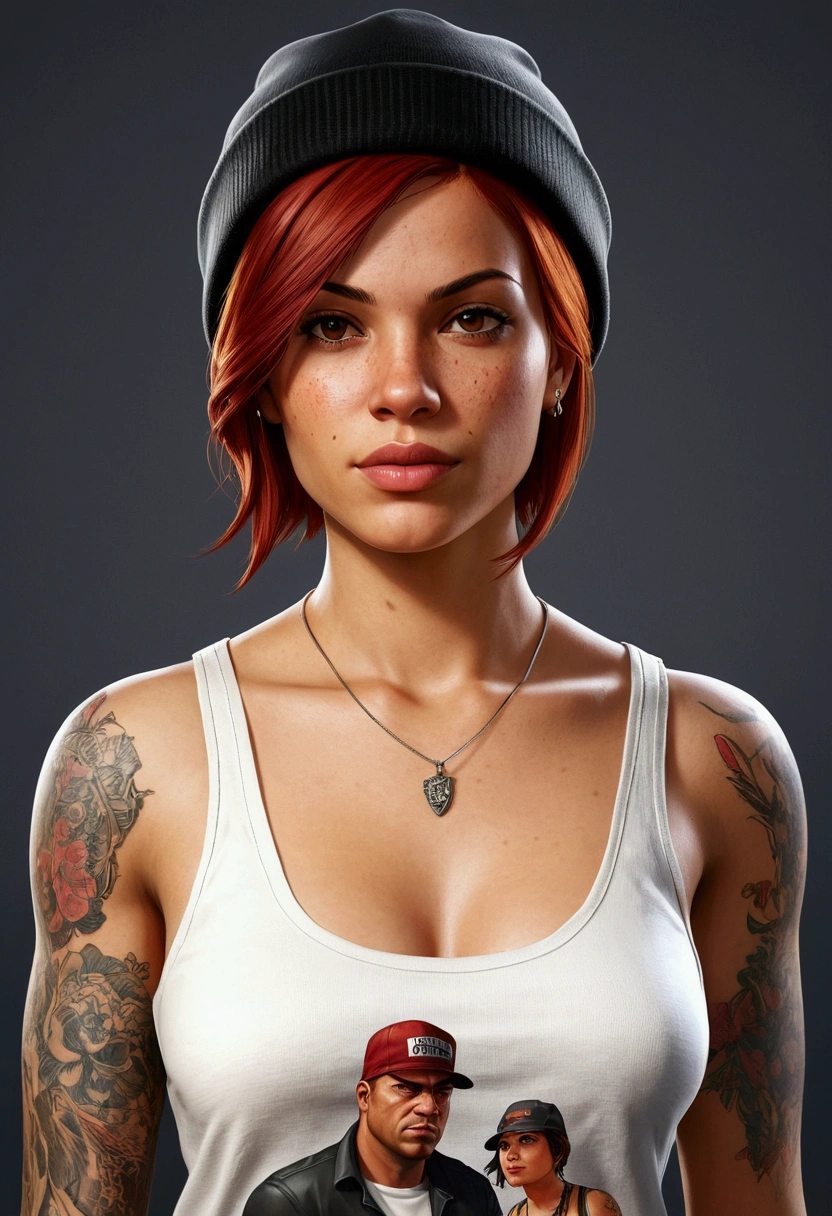 Make a redhead Latina girl character with a white tank top in a portrait style artwork from the Grand Theft Auto franchise Make her with a black beanie Make her with short hair down to her shoulders And get her a small tattoo on her right chest