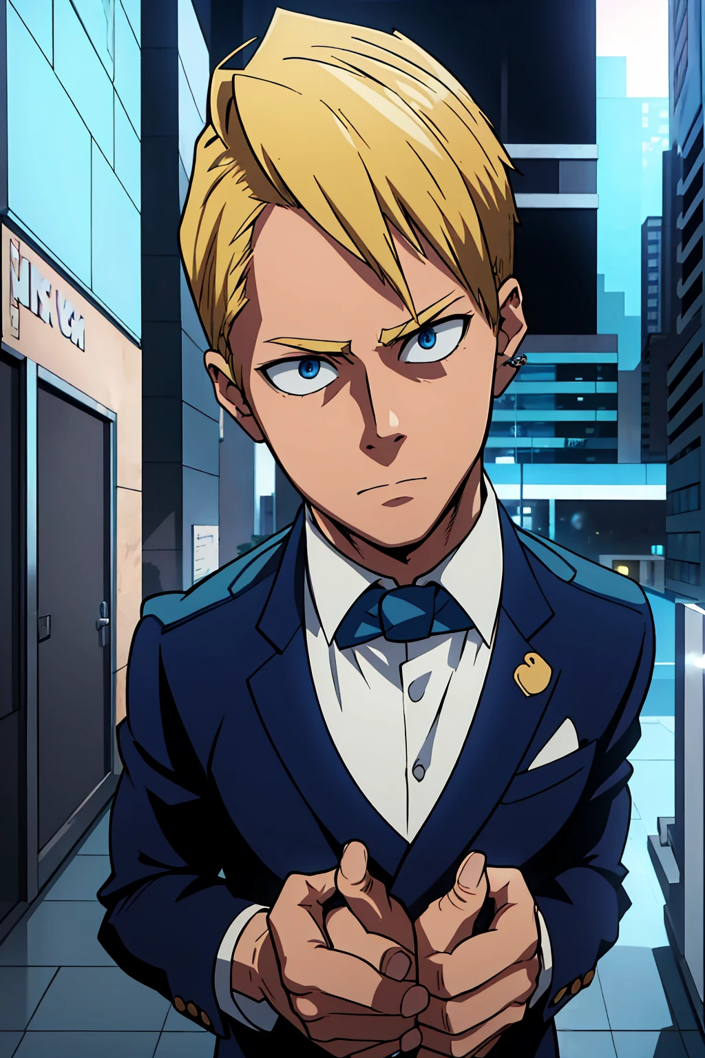 A man, blond hair, piercing blue eyes, detailed facial features, handsome, well-groomed, distinguished, confident expression, smart casual outfit, urban city background, my hero academy art style, boku no hero art , 8k, high quality, masterpiece, dramatic lighting, cinematic, vivid colors