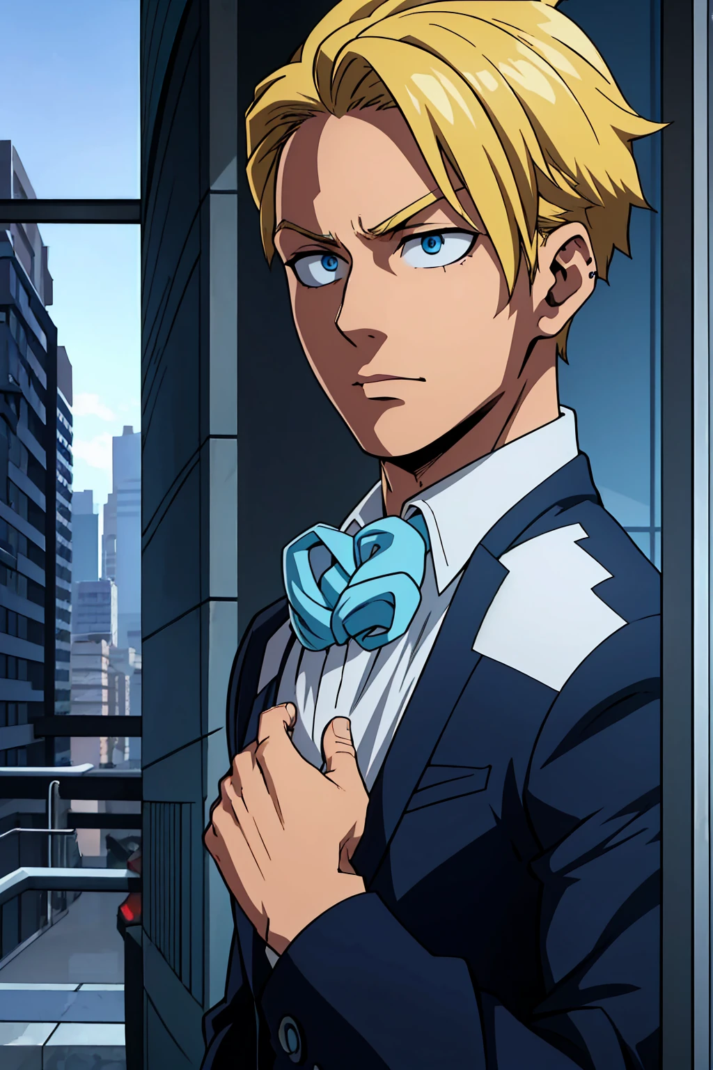 A man, blond hair, piercing blue eyes, detailed facial features, handsome, well-groomed, distinguished, confident expression, smart casual outfit, urban city background, my hero academy art style, boku no hero art , 8k, high quality, masterpiece, dramatic lighting, cinematic, vivid colors