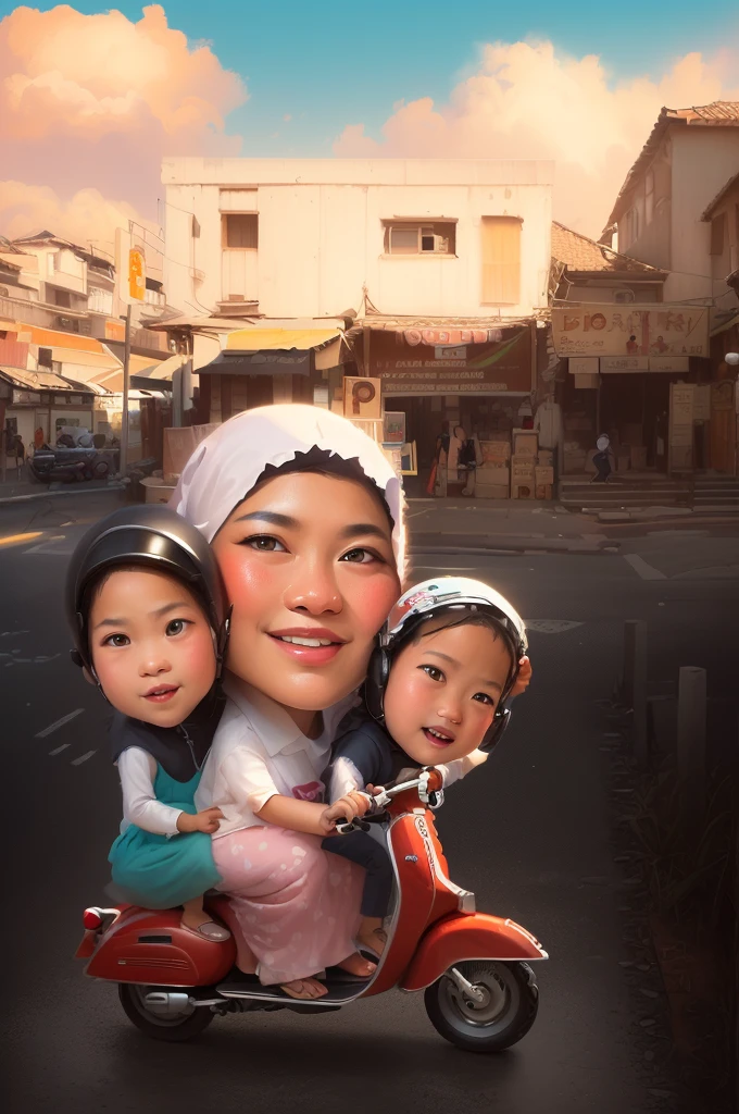 there is a woman riding a scooter with two children on it, by Abidin Dino, an indonesian family portrait, realism artstyle, caricature illustration, cartoon digital painting, potrait, cartoon digital art, digital art cartoon, realism art, caricature style, digital cartoon painting art, inspired by JoWOnder, inspired by Rudy Siswanto, photorealistic!!!!!!! art style