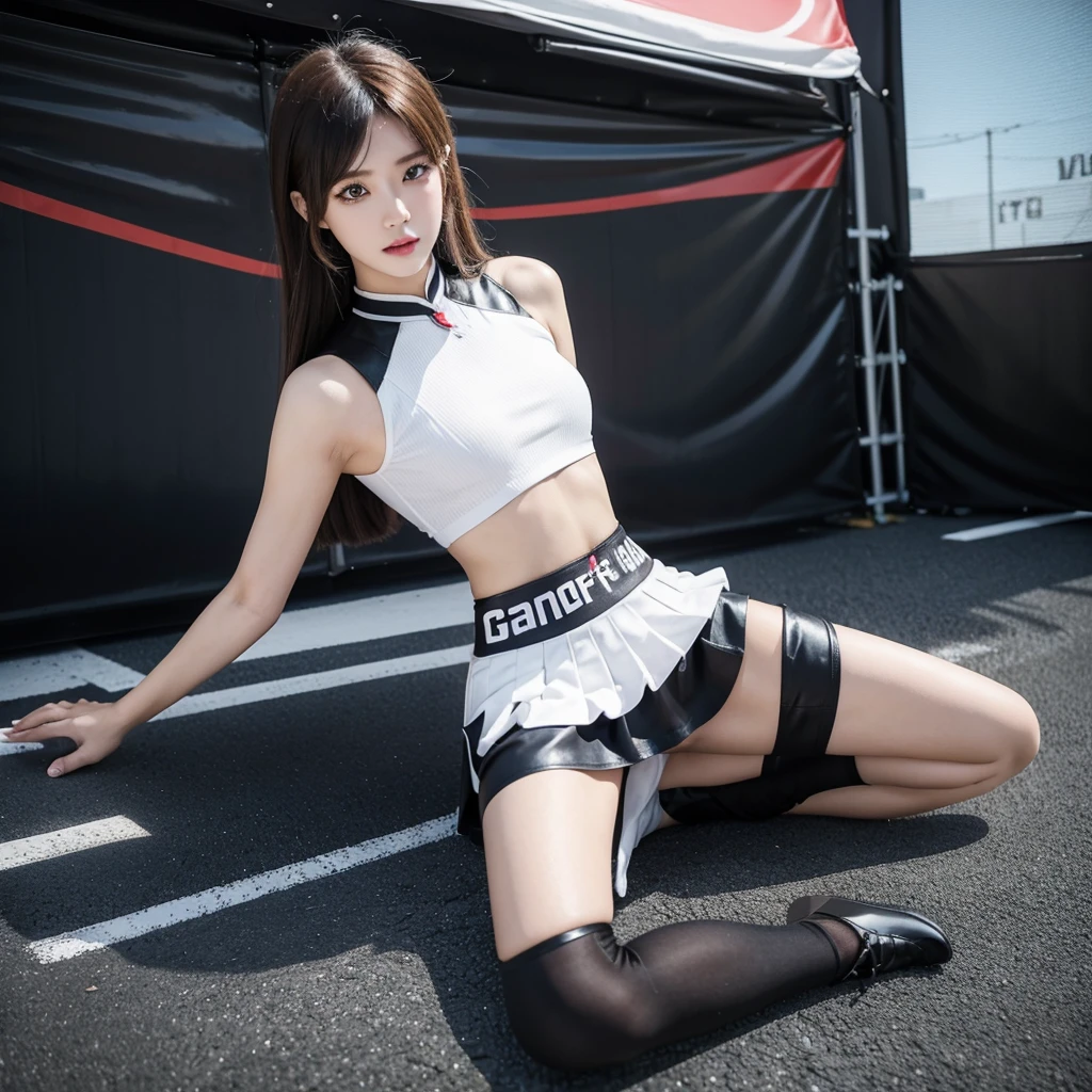 Super detailed photos、Detailed face、Lip gloss、Cool woman、Colorful costumes、F1 Driver Cosplay、Colorful costumes、Clothing with company logo、Grid Girlsのカラフルで派手な衣装、Grid Girls、Perfect Face、Paddock Girls、Harem、motor Show、tights、Bodycon Costumes、Grid Girls、Russia、Grid Girlsのコスプレ、belly button、Pleated skirt、Bodycon Costumes、Legs open pose、Spread your legs to show your crotch