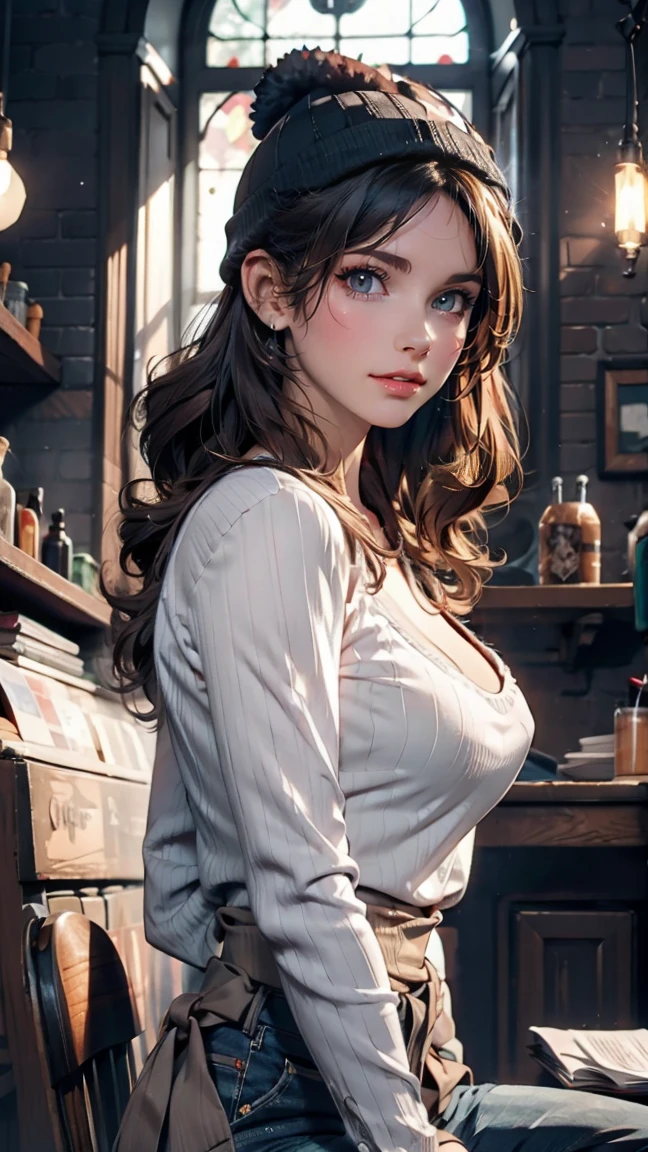 One girl, alone, coffee shop, Green Hair, Beanie, sweater, jeans, Sitting in a chair, Dynamic pose, indoor, 、24-year-old female、Sexy proportions、Sexy breasts、Narrow waist、Long eyelashes、Side Tail((side drill))、Hair behind ears((hair behind ear))、Curly Hair((curly hair))、Vertical roll on one side((side drill))