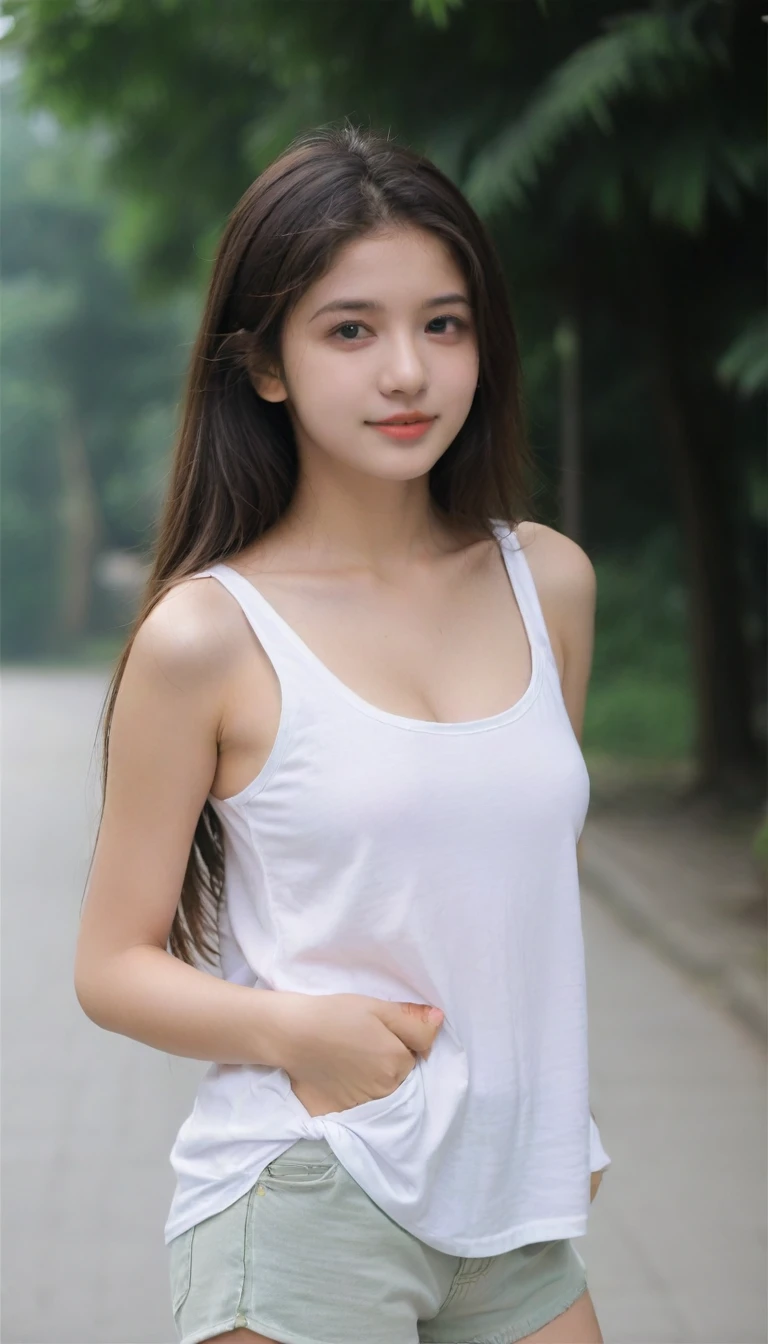 Beautiful 18 years old girl, perfect body, medium breast,long hair, white tanktop gilr, white short, outdoor, candid pose