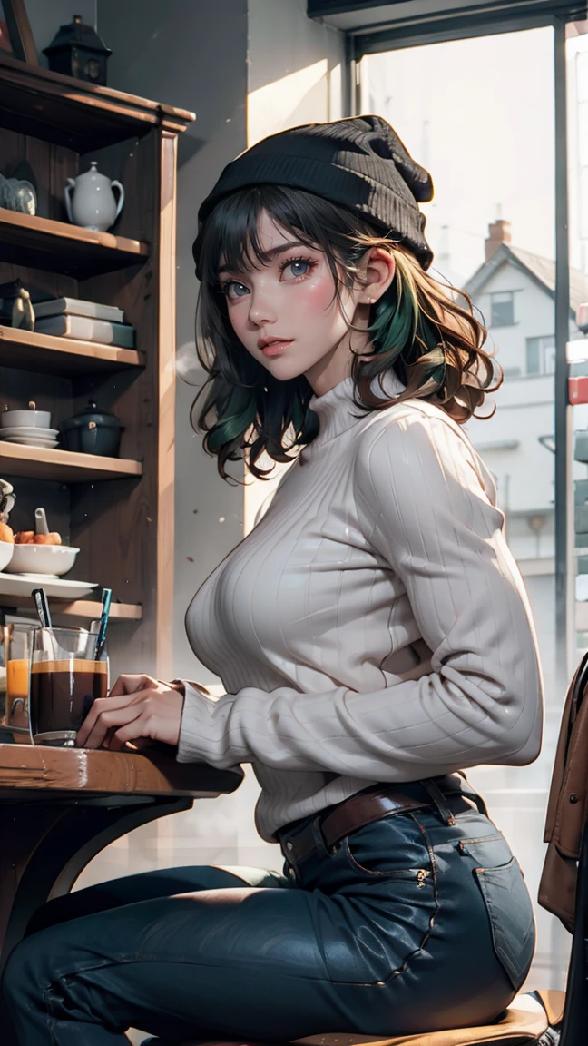 One girl, alone, coffee shop, Green Hair, Beanie, sweater, jeans, Sitting in a chair, Dynamic pose, indoor, 、24-year-old female、Sexy proportions、Sexy breasts、Narrow waist、Long eyelashes、Side Tail((side drill))、Hair behind ears((hair behind ear))、Curly Hair((curly hair))、Vertical roll on one side((side drill))