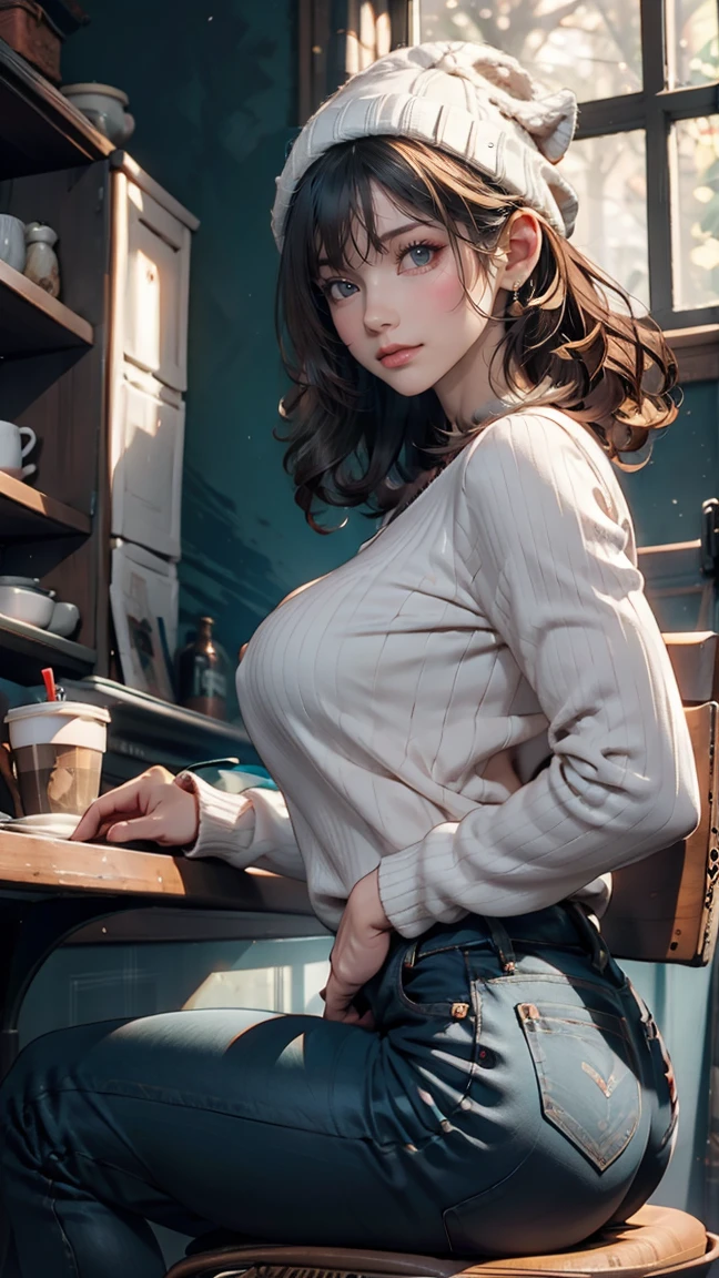 One girl, alone, coffee shop, Green Hair, Beanie, sweater, jeans, Sitting in a chair, Dynamic pose, indoor, 、24-year-old female、Sexy proportions、Sexy breasts、Narrow waist、Long eyelashes、Side Tail((side drill))、Hair behind ears((hair behind ear))、Curly Hair((curly hair))、Vertical roll on one side((side drill))